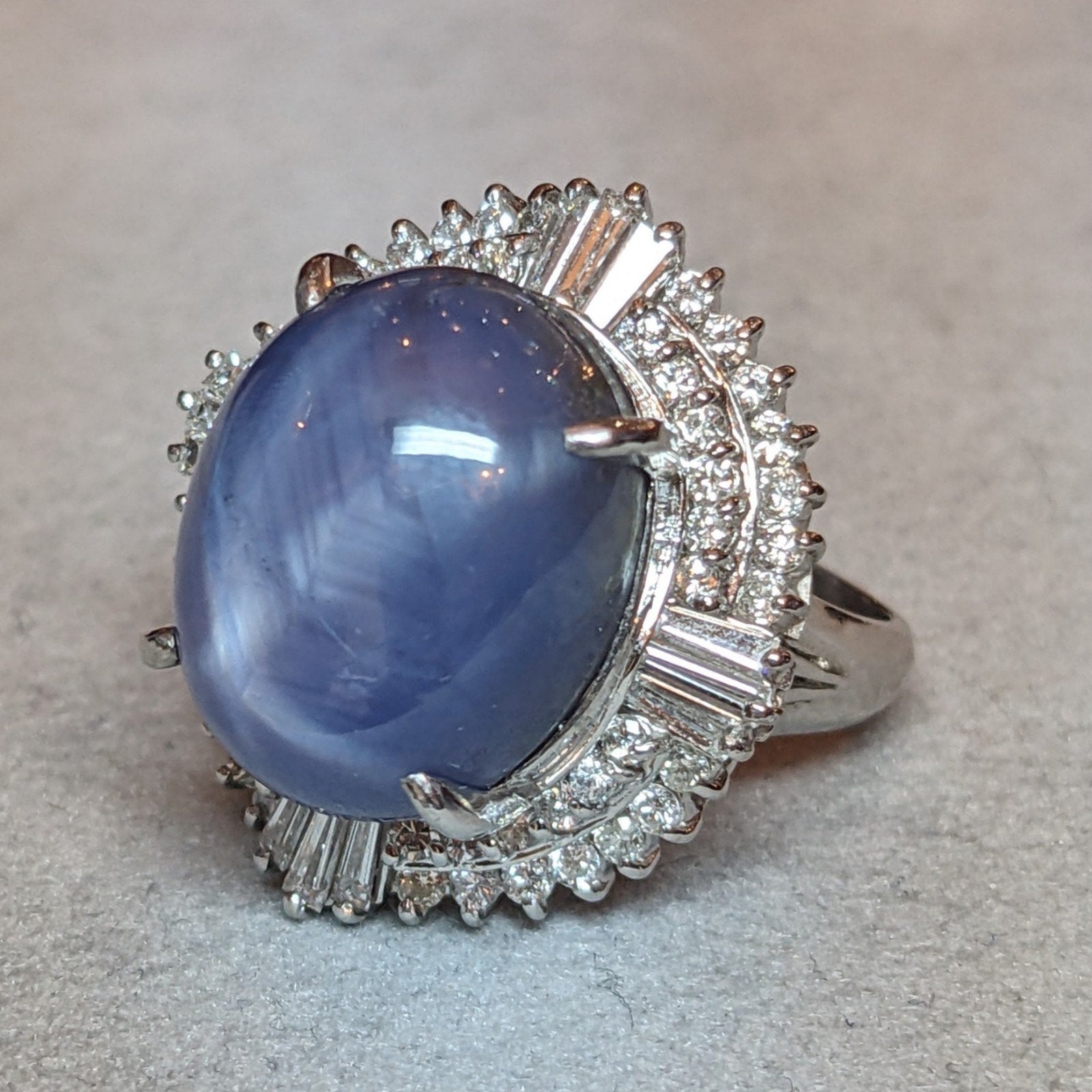 Large 31.52 ct Blue Star Sapphire in Platinum Diamond Ballerina Setting