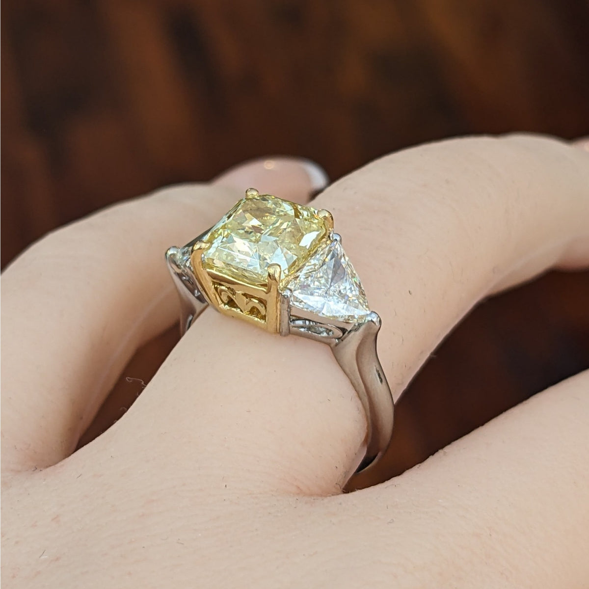 GIA Fancy Yellow Radiant 3.22ct Three-Stone Diamond Ring in Plat/18k