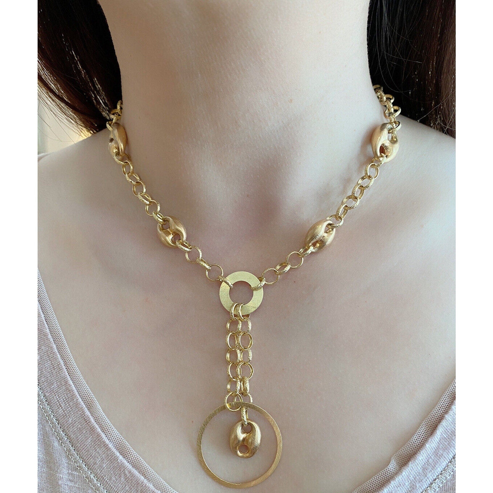 18k YG Textured Open Link Chain Necklace with Drop Pendant