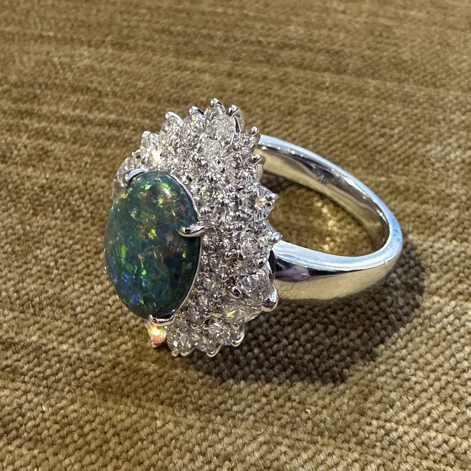 Natural Black Opal 2.53 ct and Diamond Cocktail Ring in Platinum