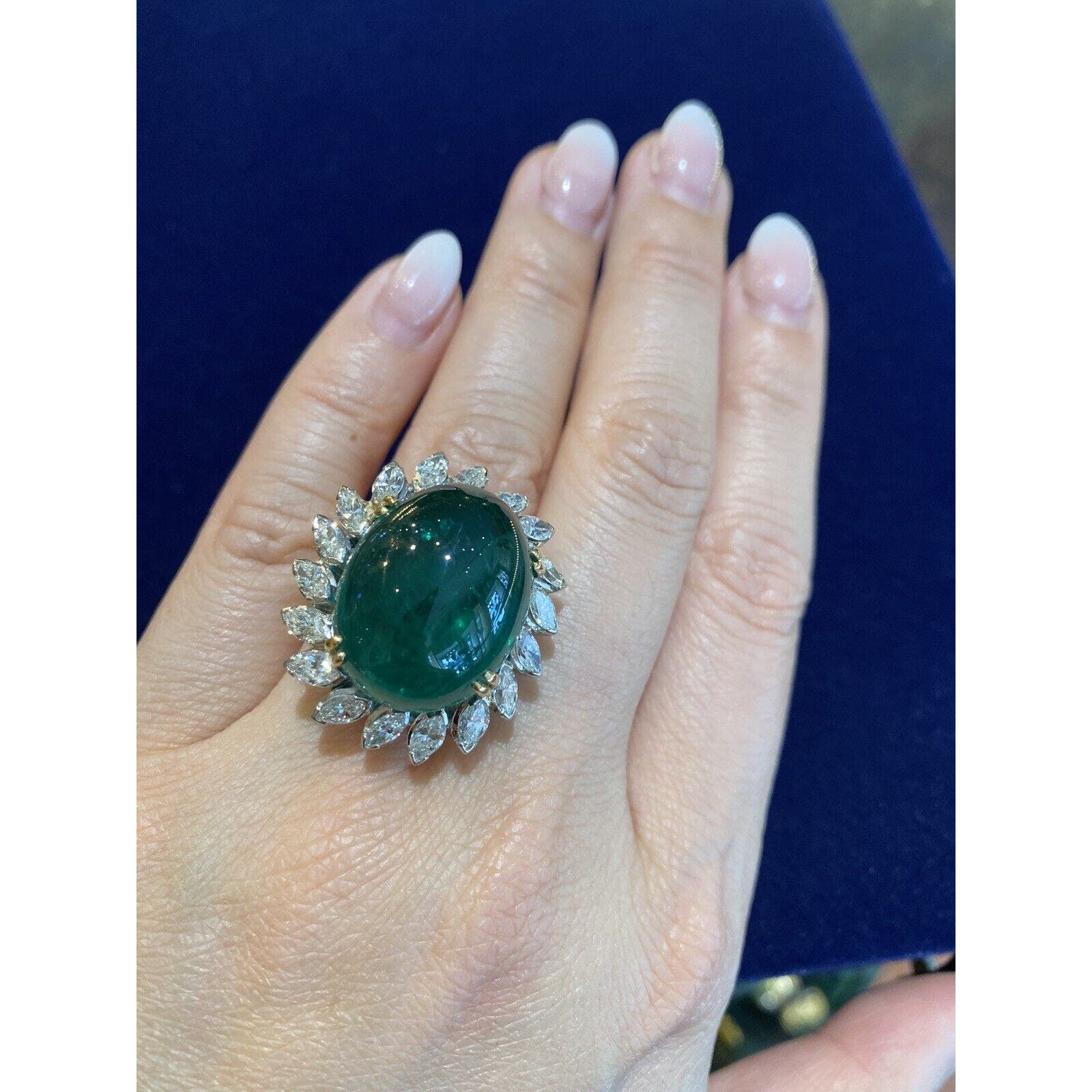 GIA 29.20 ct Natural Cabochon Emerald Ring w/ Marquise Diamonds in Plat-HM2363A4