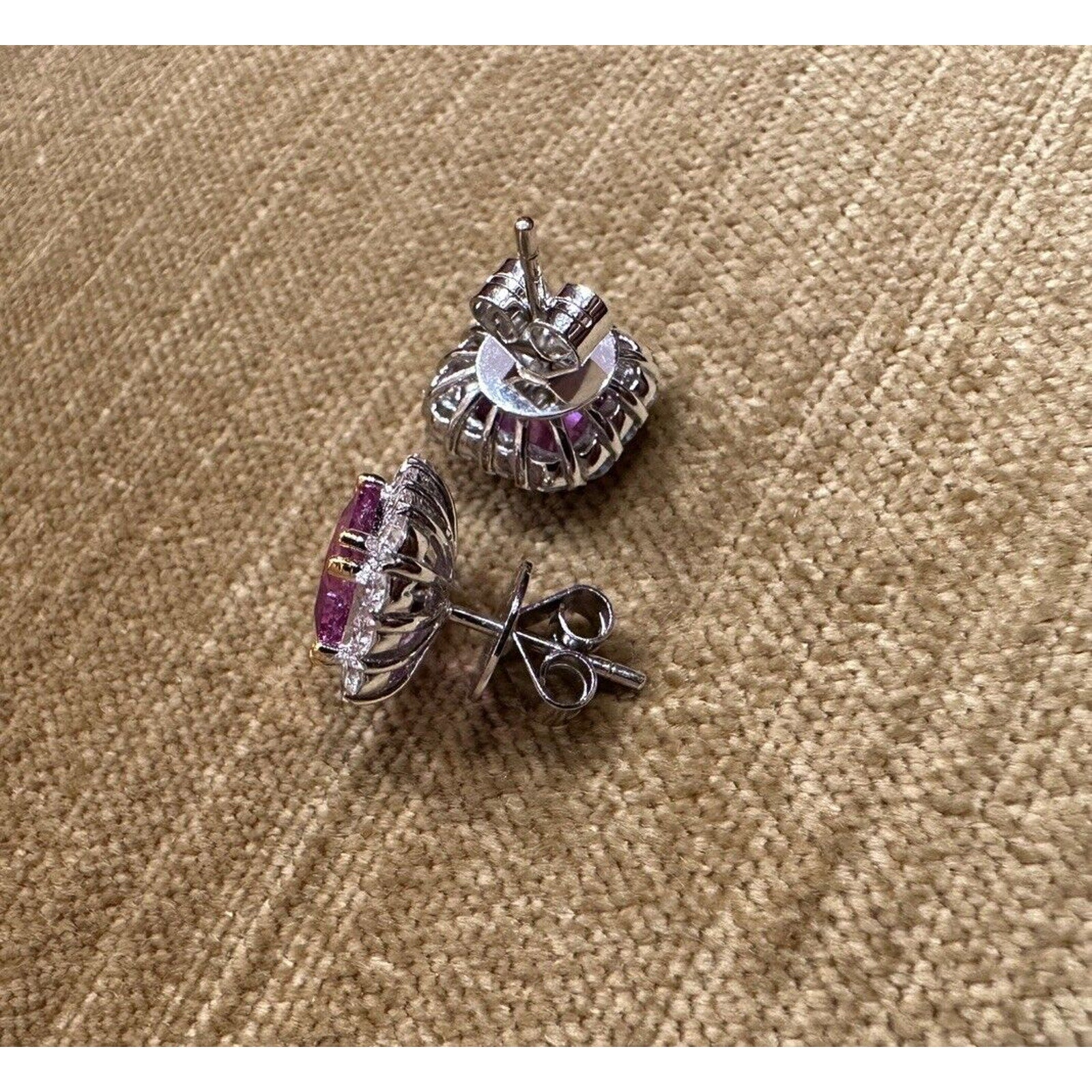Pink Sapphire and Diamond Halo Earrings in 18k White Gold