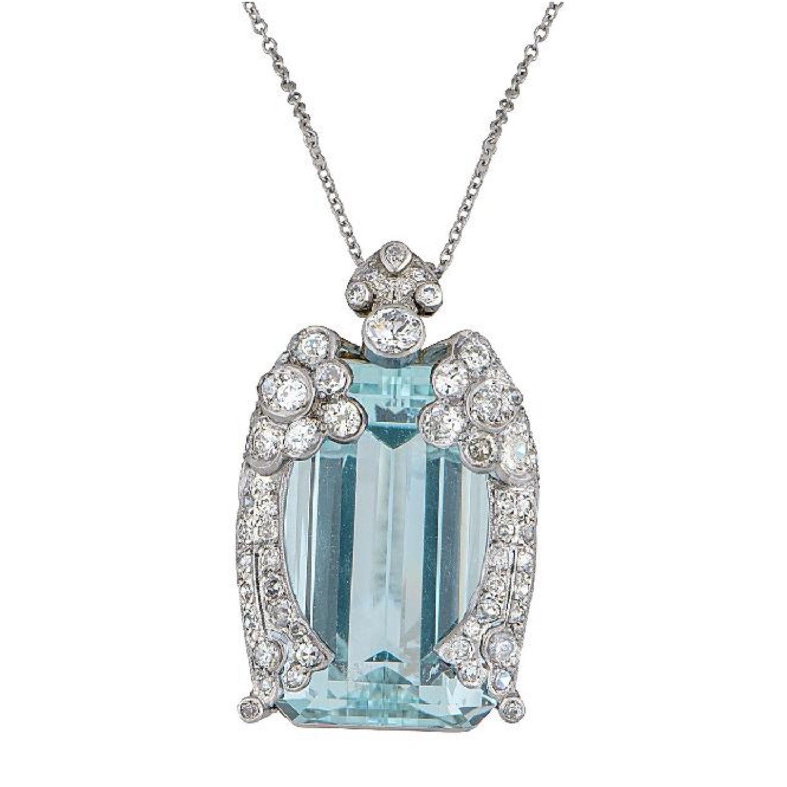 GIA 43 ct Aquamarine and Diamond Vintage Pendant Necklace in Platinum