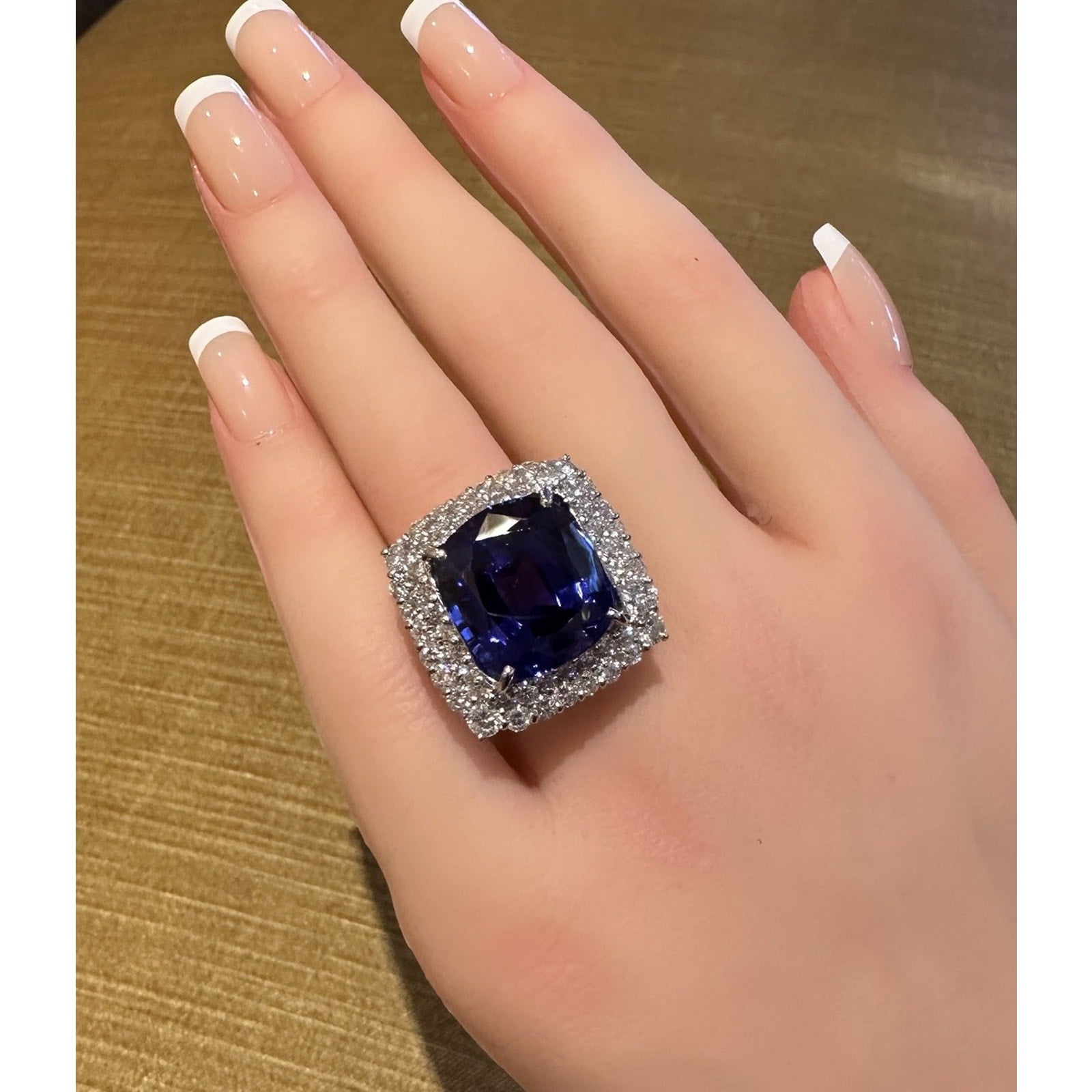 GIA 19.97 carat Cushion Tanzanite Ring with Diamond Halo in Platinum