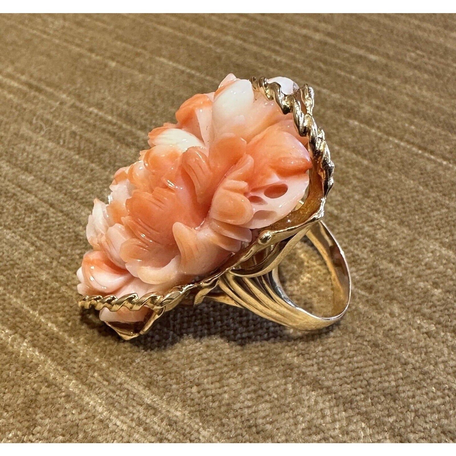 Carved Rose Angel Skin Coral Ring in 18k Yellow Gold