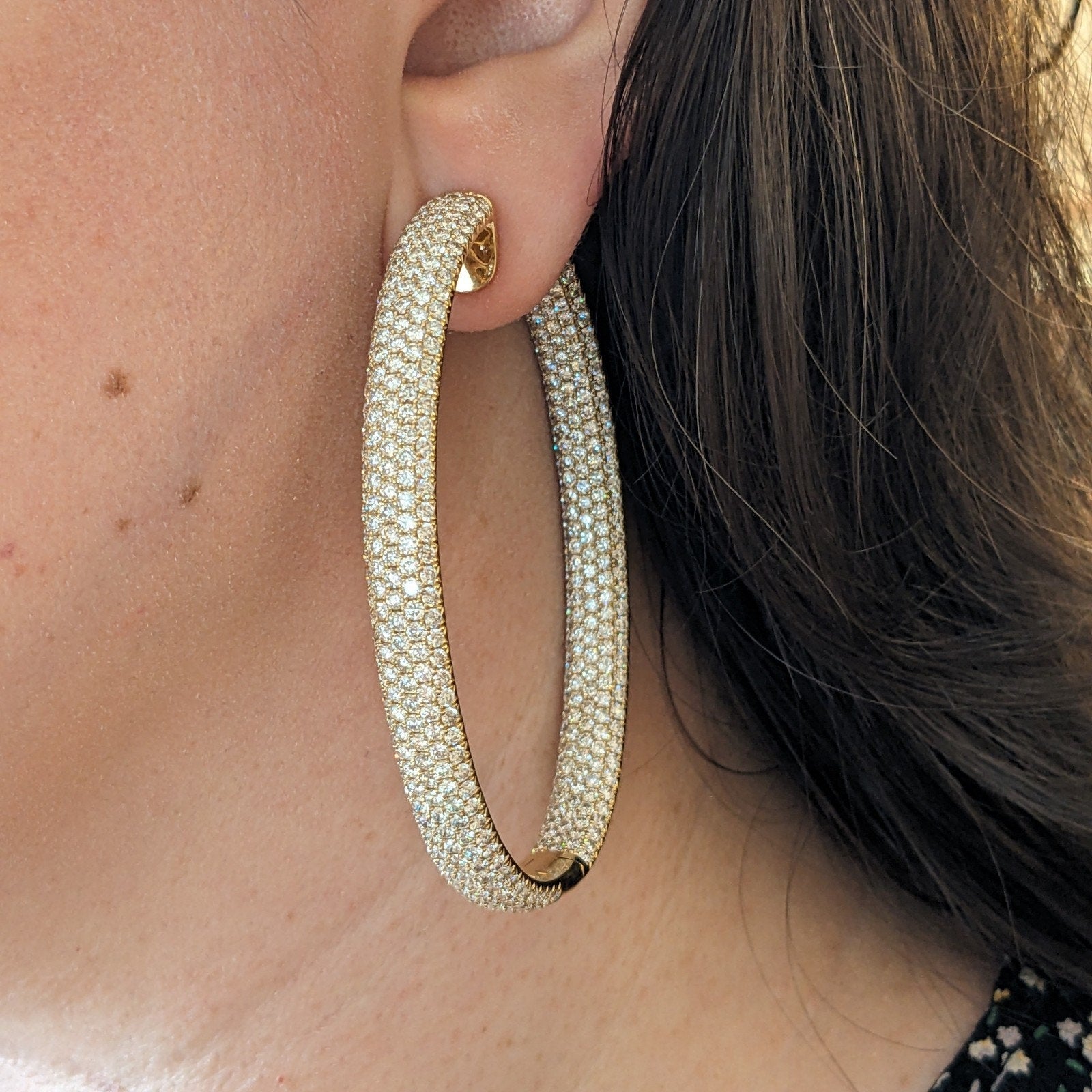 20.06cts Inside Out Oval Pave Diamond Hoop Earrings in 18k Yellow Gold