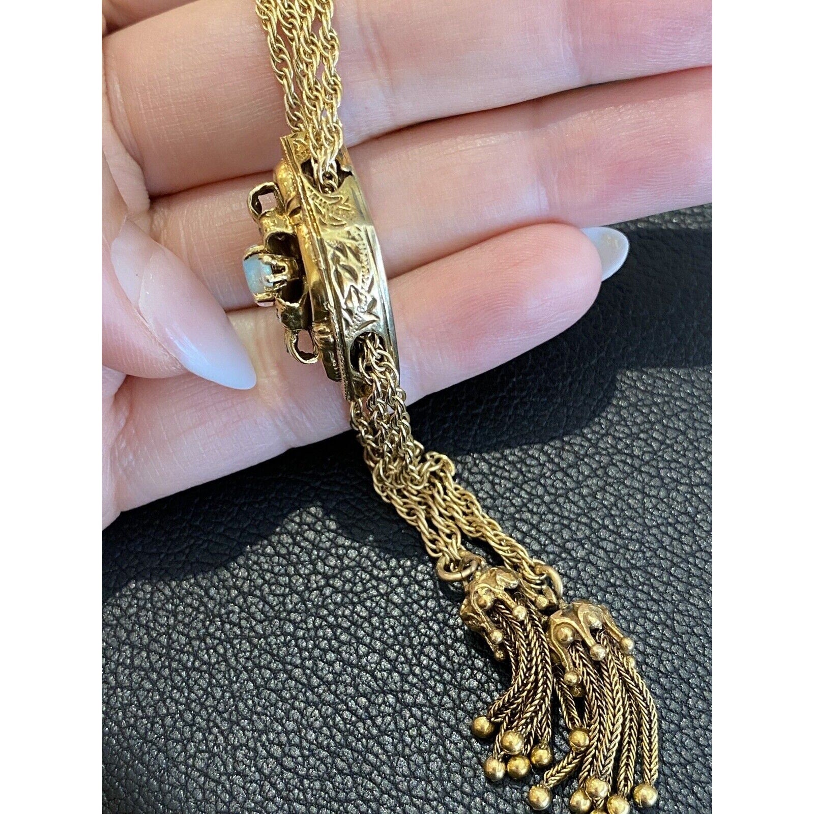 Vintage 28" Slide Tassel Necklace with Opals in 14k Yellow Gold
