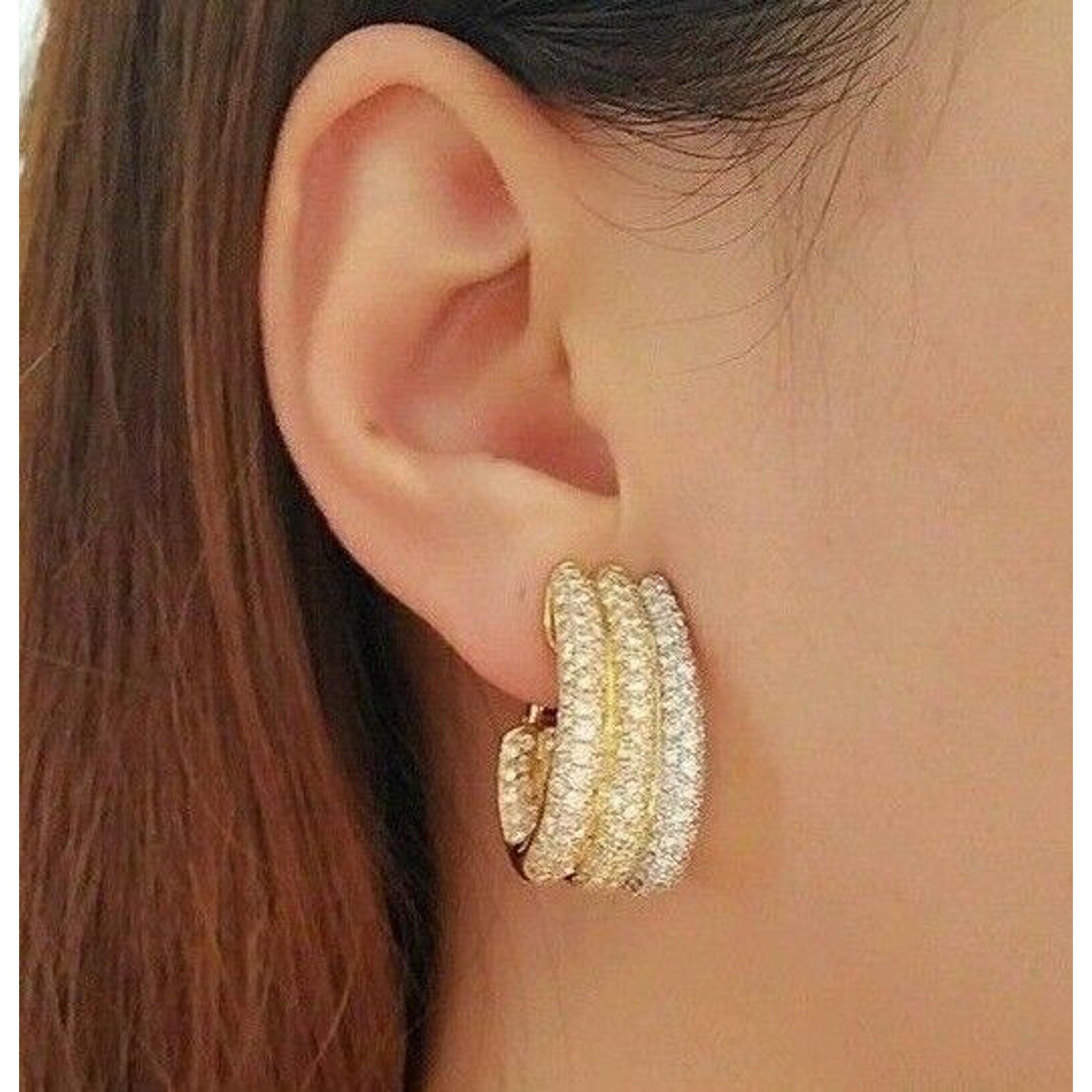 3 Row Diamond Pave Hoop Earrings 5.42 cttw-18k Tricolor Gold
