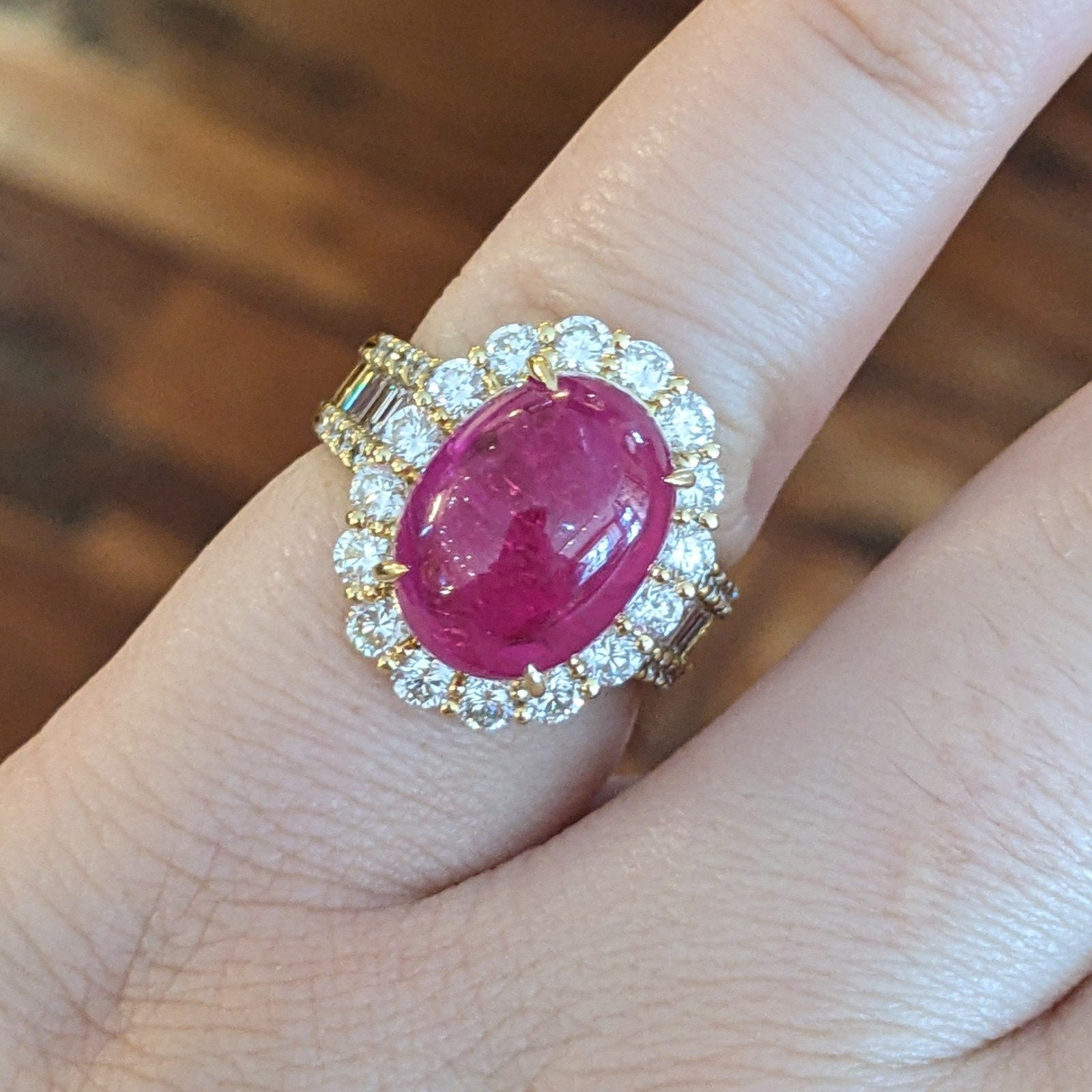 GIA Burma Cabochon Ruby 13.60 ct and Diamond Ring in 18k Yellow Gold