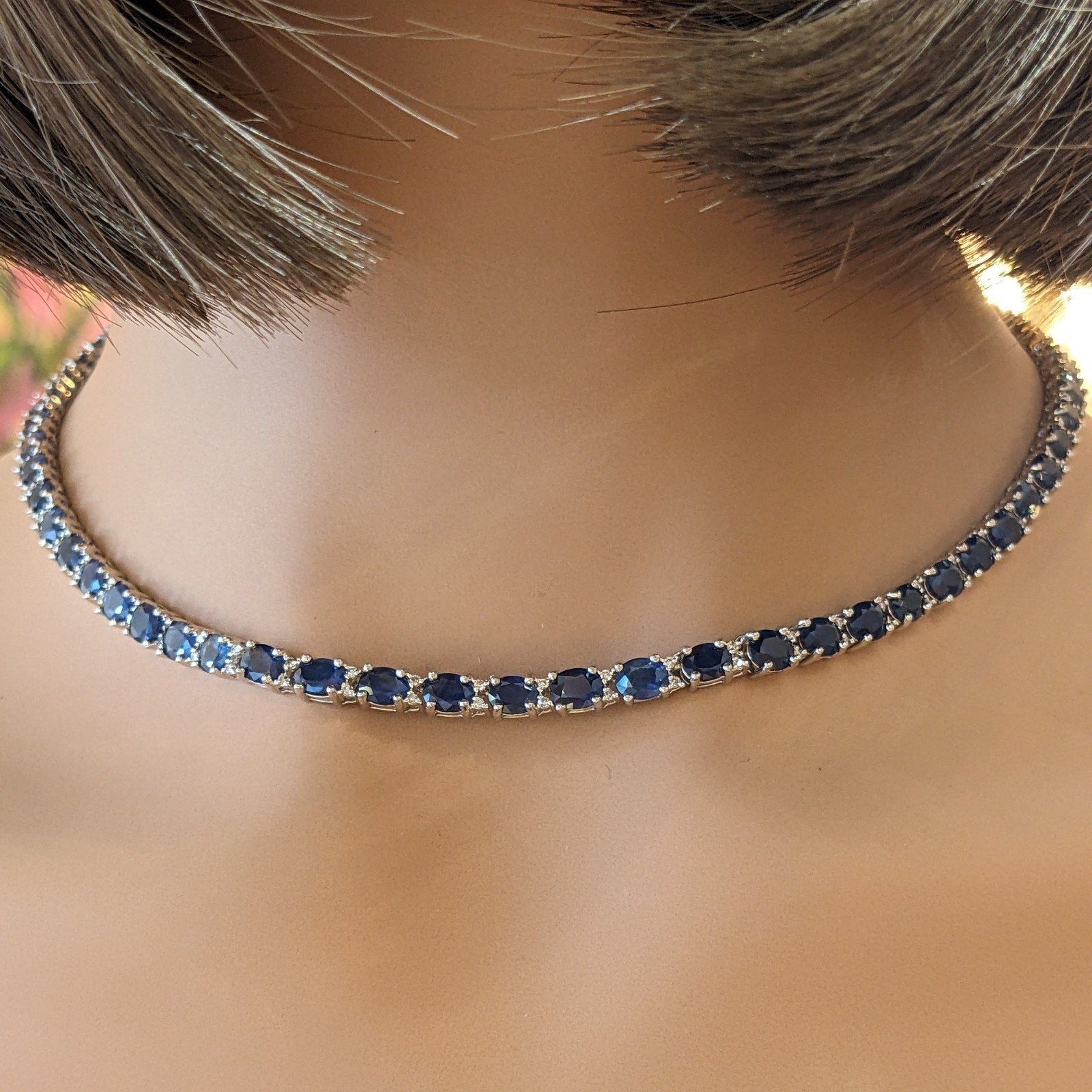 Natural Blue Sapphire and Diamond Choker Necklace in 18k White Gold