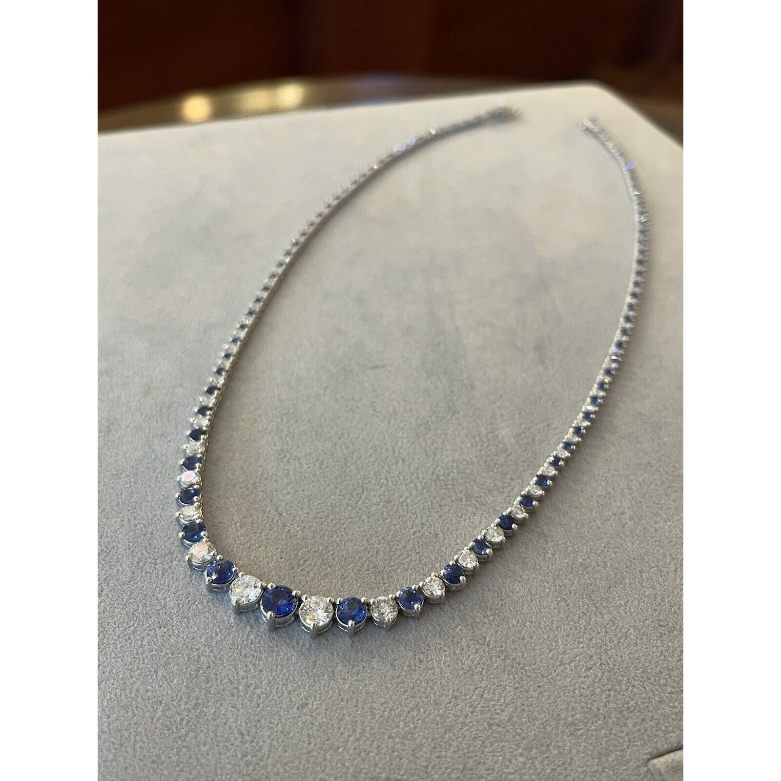 Sapphire & Diamond Riviera Tennis Necklace 17" in 18k White Gold