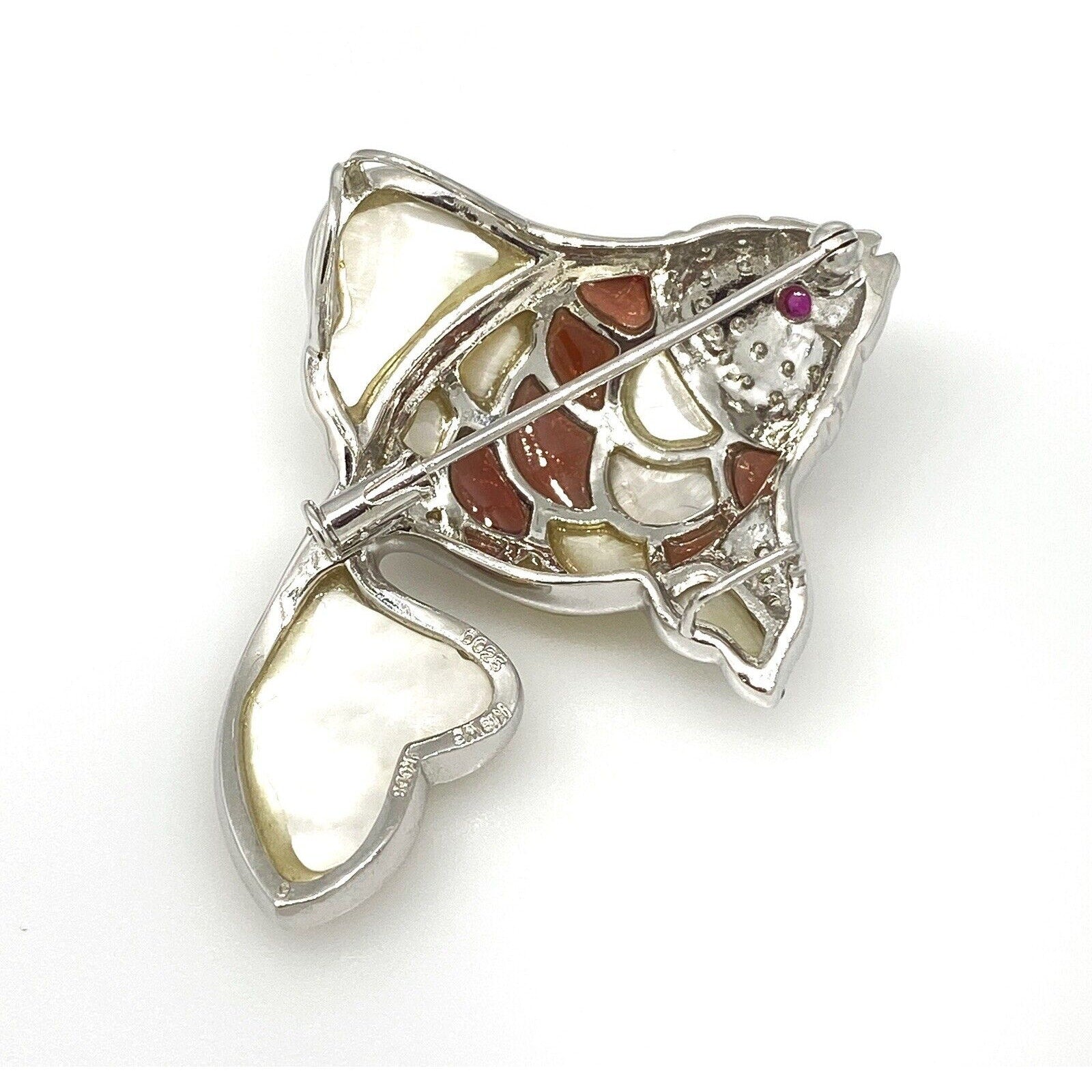 Diamond, Garnet, Mother of Pearl Fish Pin/Pendant in 18k White Gold