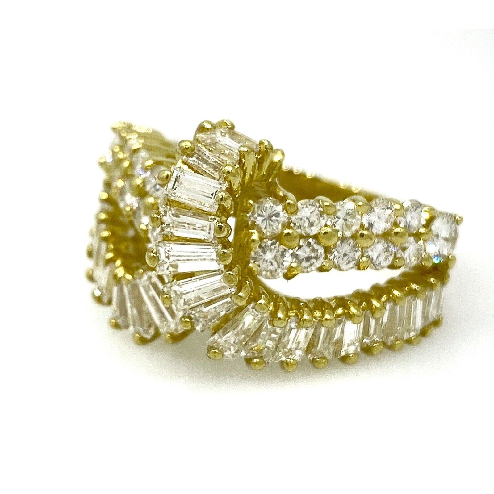 Round and Baguette Diamond Crossover Band Ring in 18K Yellow Gold