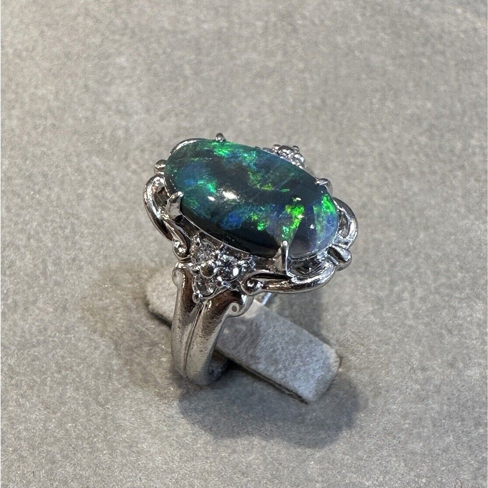 Natural Black Opal and Diamond Ring in Platinum