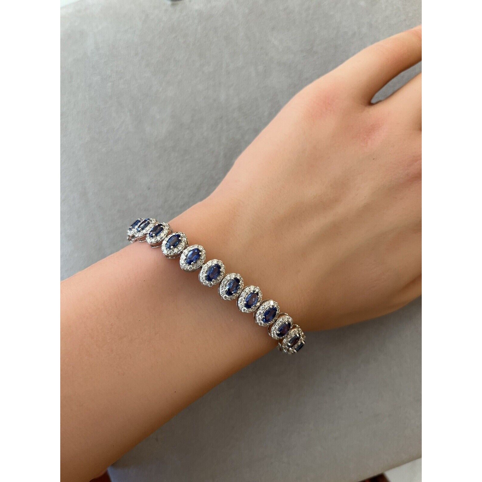 Natural Oval Sapphire and Diamond Halo Bracelet in 14k White Gold - HM2679BA