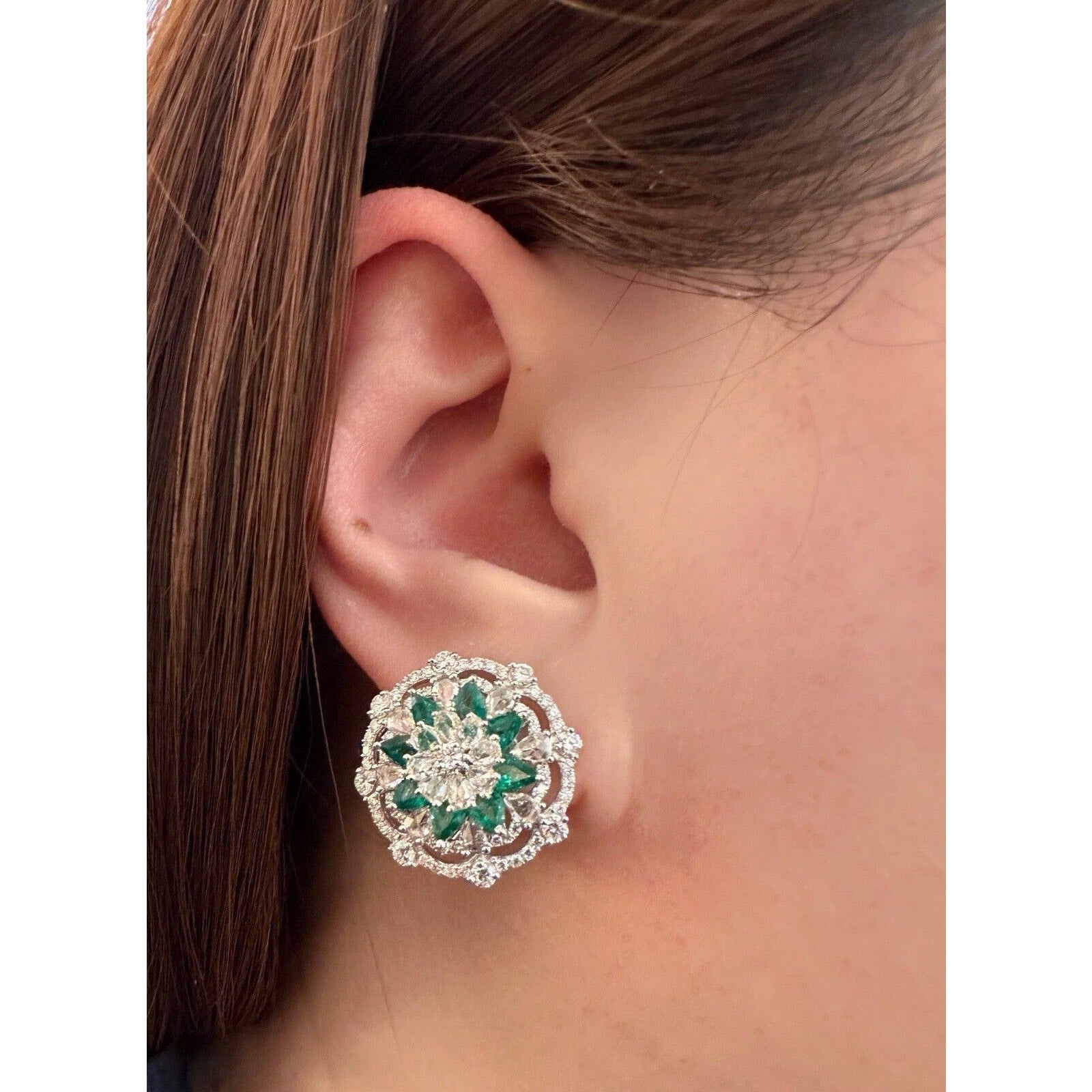 Emerald and Diamond Cluster Flower Button Earrings in 18k White Gold