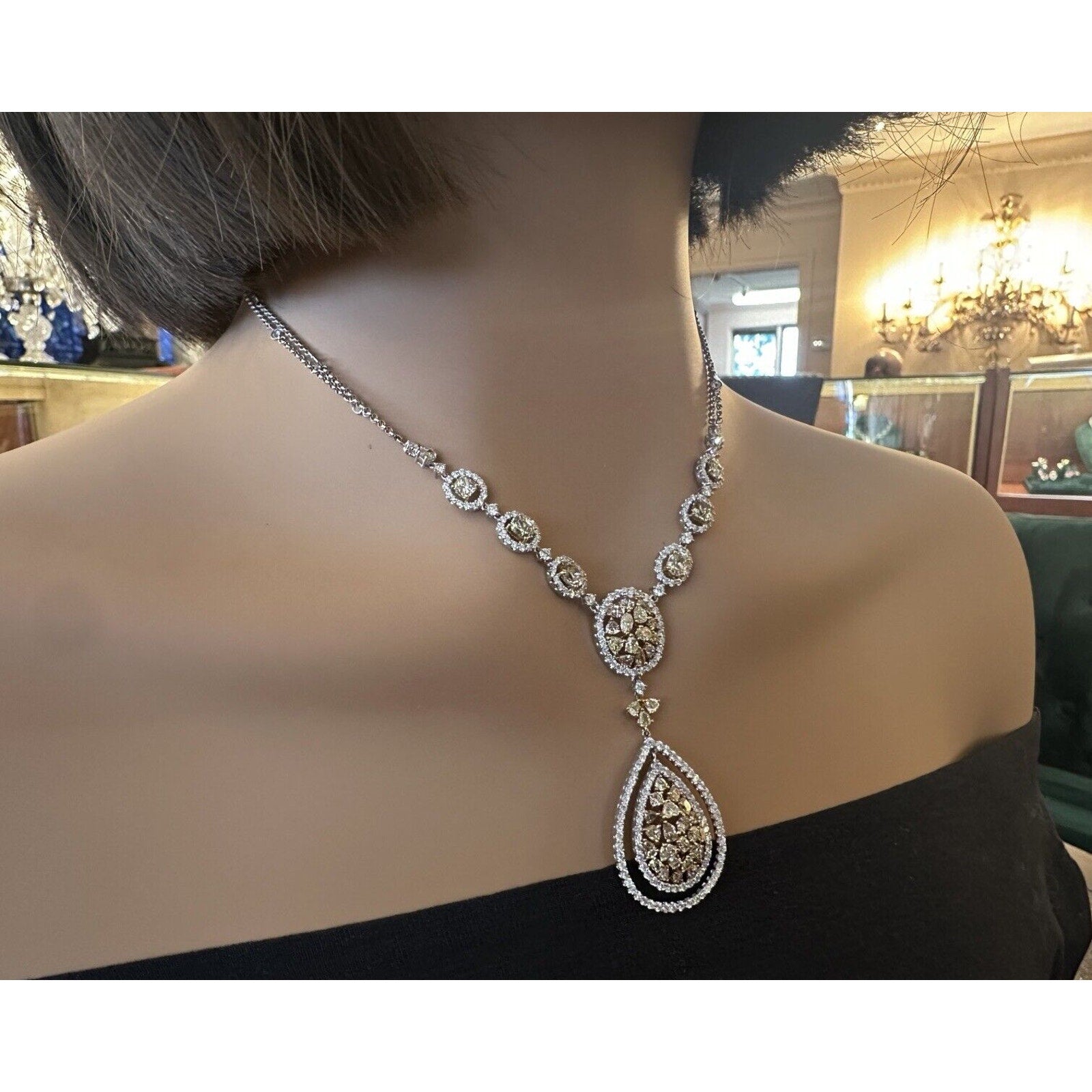 Natural Color Diamond Drop Pendant Necklace in 18k White and Yellow Gold