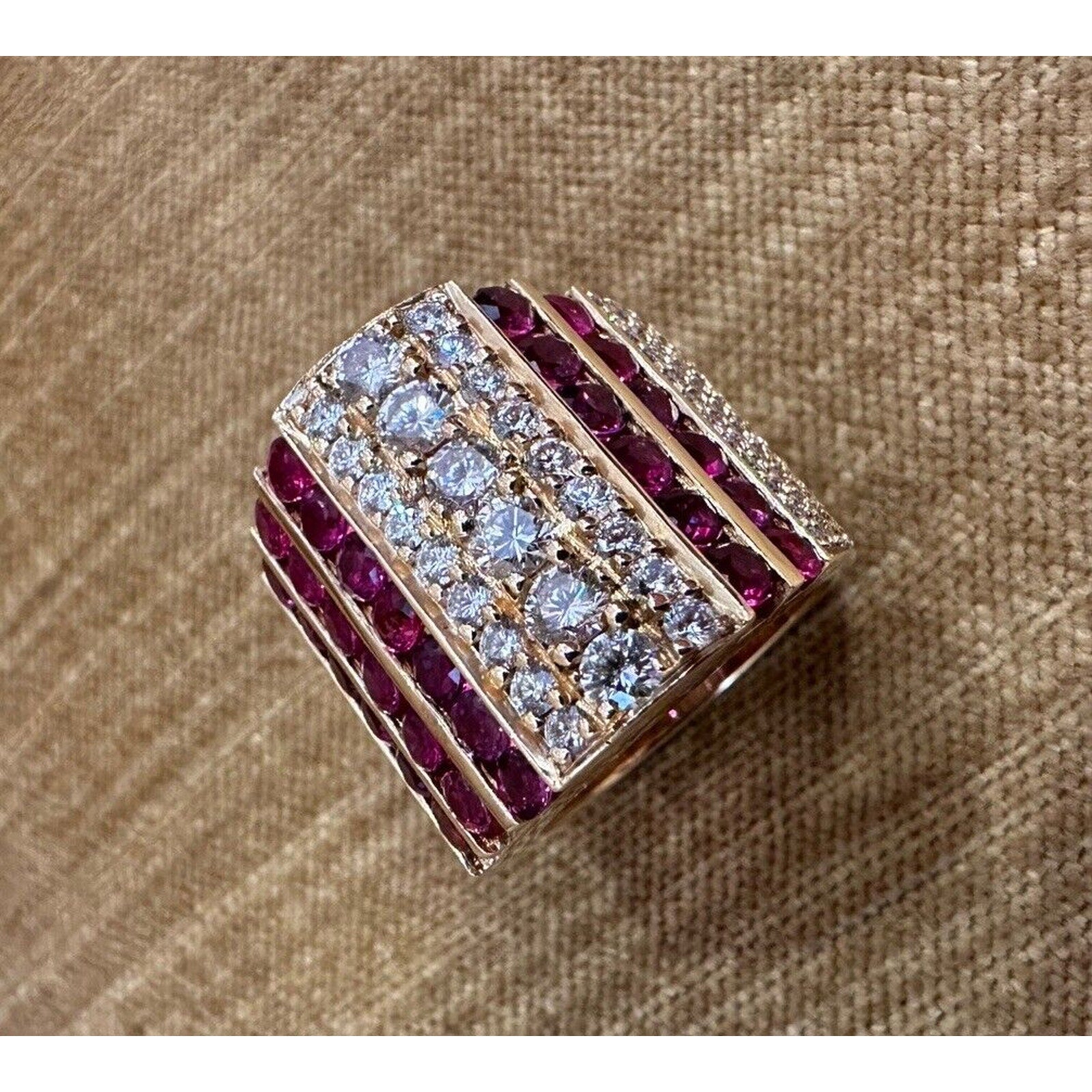 Jewels by Gauthier Wide Band Diamond and Ruby Ring in 14k Yellow Gold