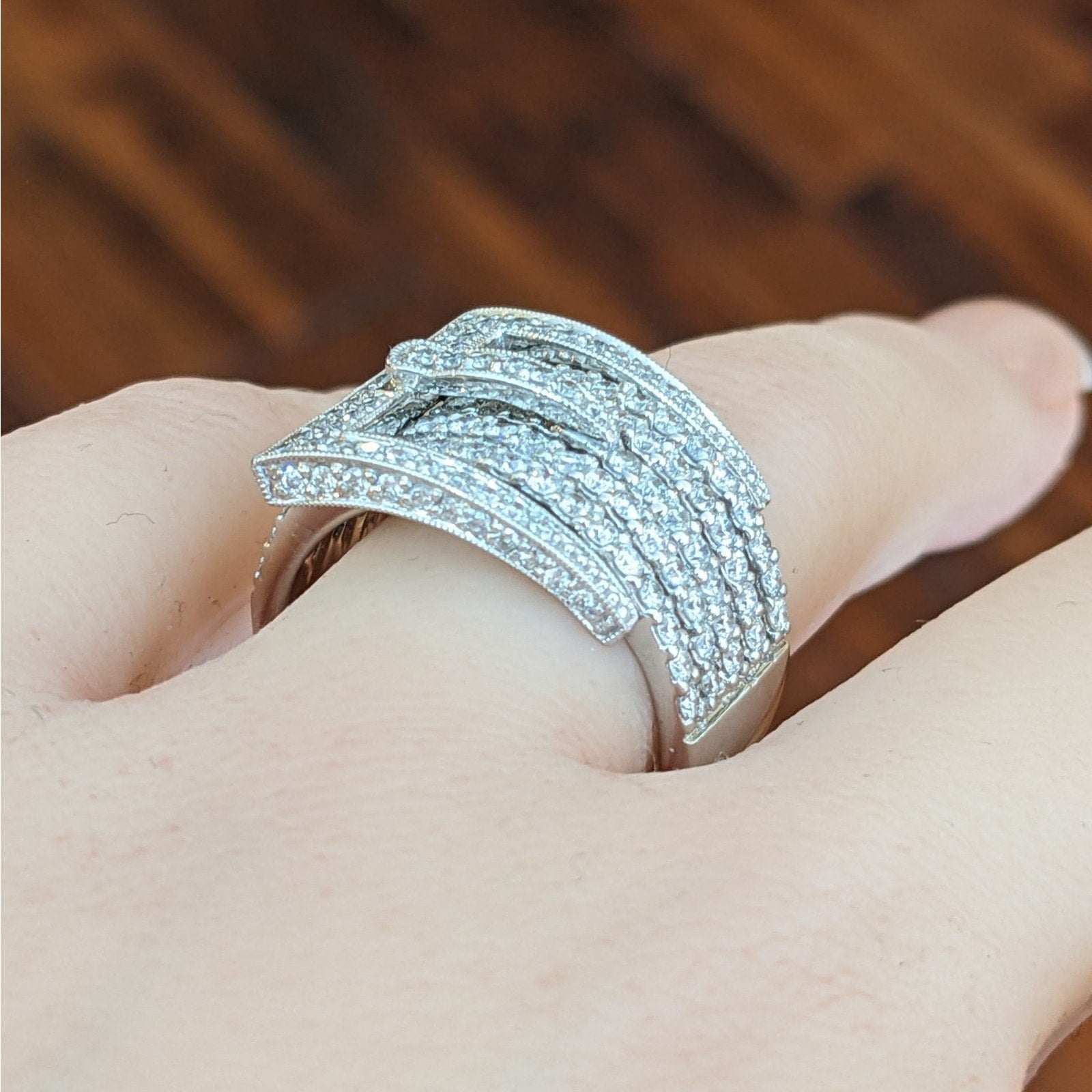 Wide Five Row Diamond Buckle Ring in 14k White Gold