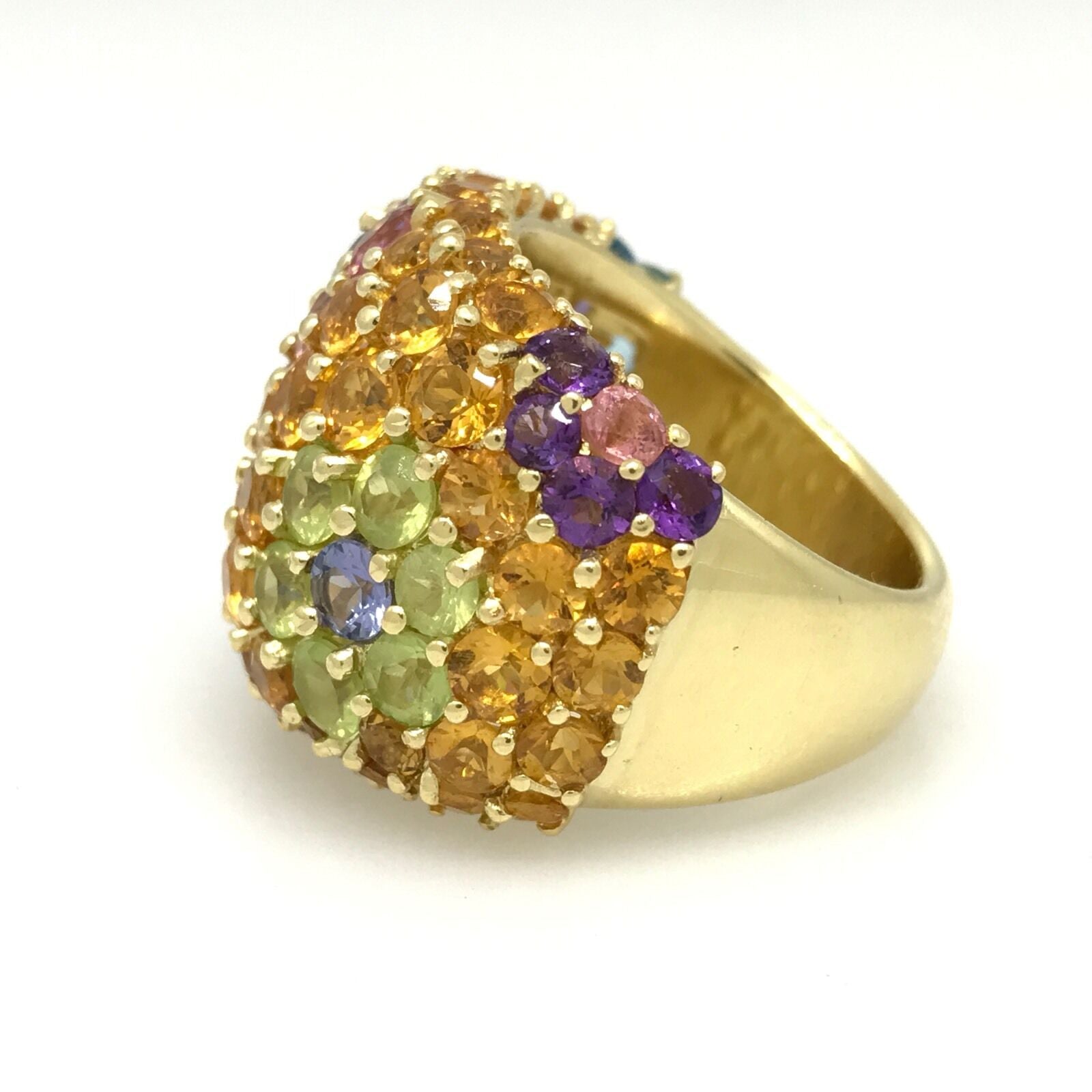 Wide Citrine-Peridot-Amethyst Flower Ring in 18k Yellow Gold