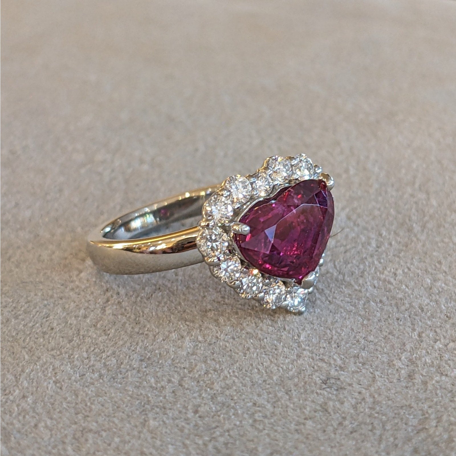 GIA Mozambique Unheated Heart Shaped Ruby and Diamond Ring in Platinum