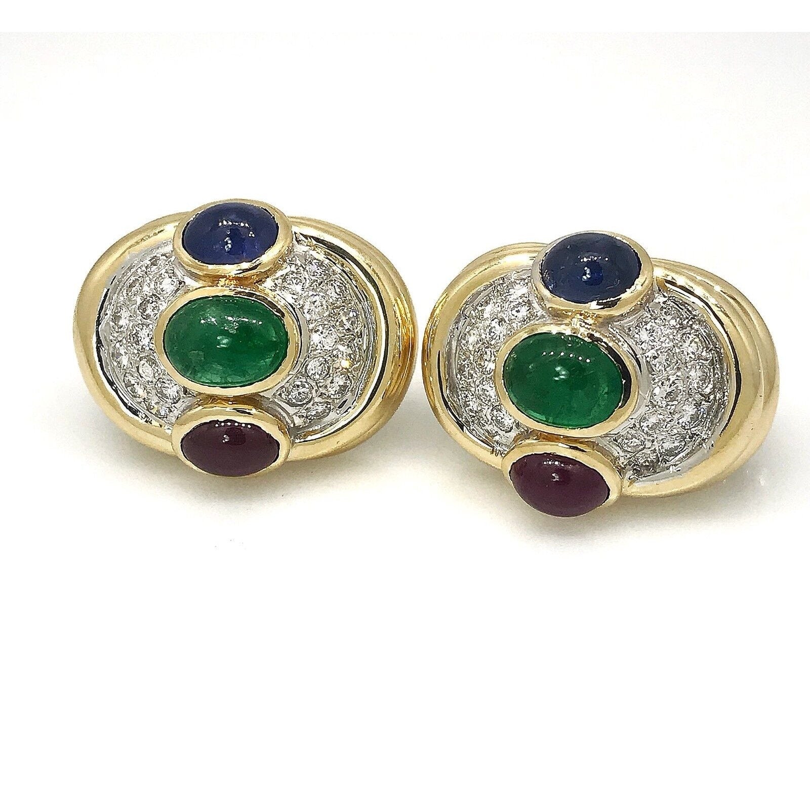 Estate Emerald Ruby and Sapphire Dome Button Earrings in 18k Yellow Gold