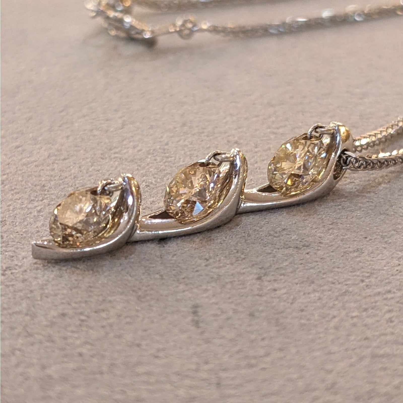 Three Champagne Diamond Drop Pendant Necklace in 18k White Gold