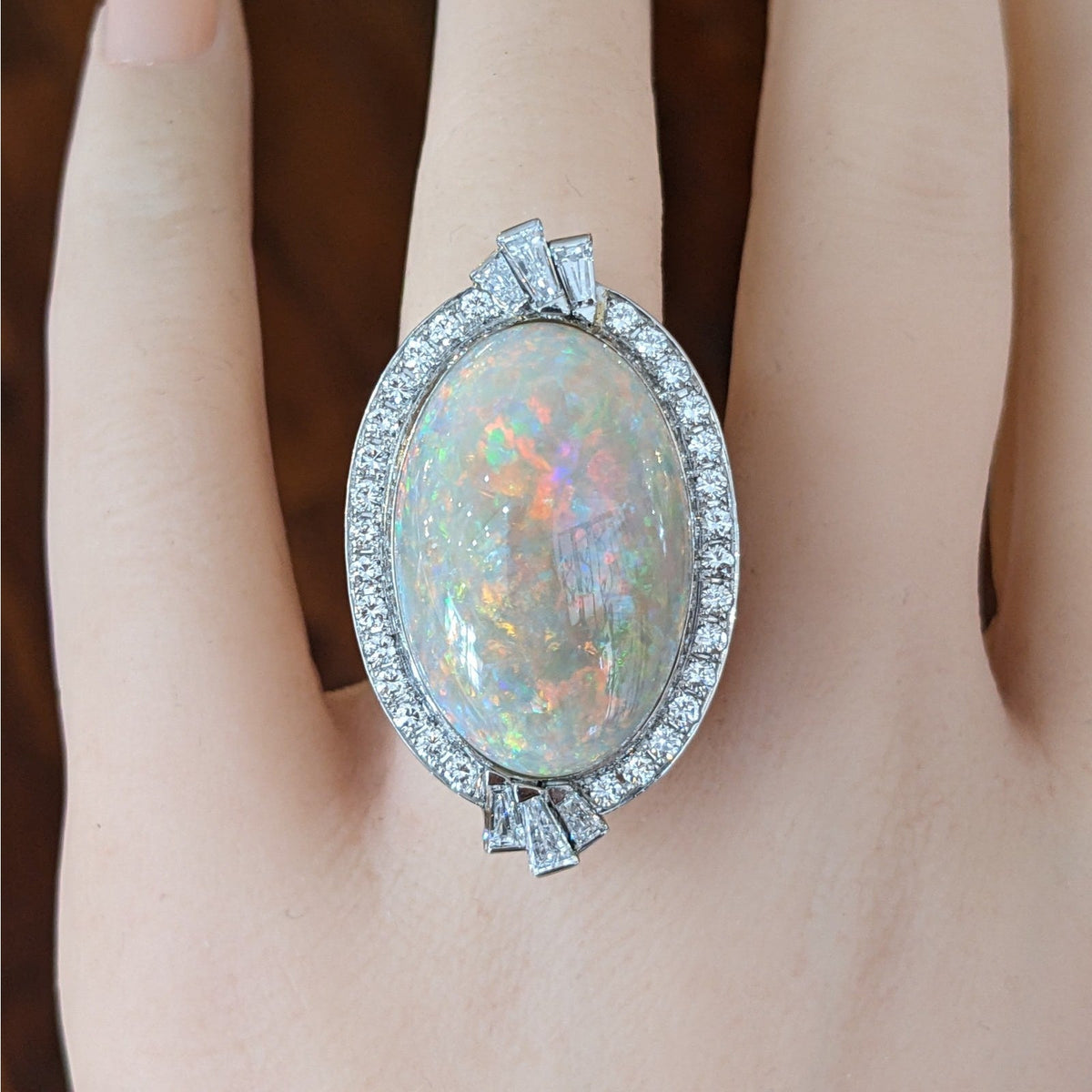 Natural Opal and Diamond Cocktail Estate Ring in Platinum