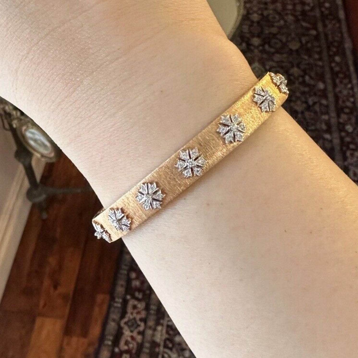 Natural Diamond Bangle Bracelet in Textured 18k Rose Gold