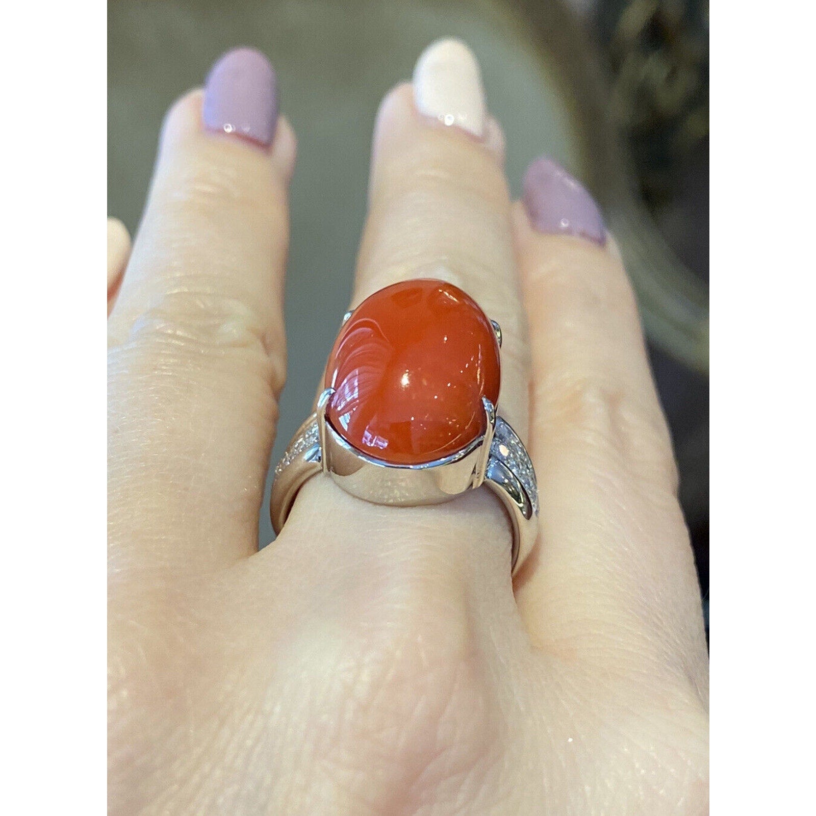 Large Oval Red Coral Cabochon & Diamond Cocktail Ring in Platinum