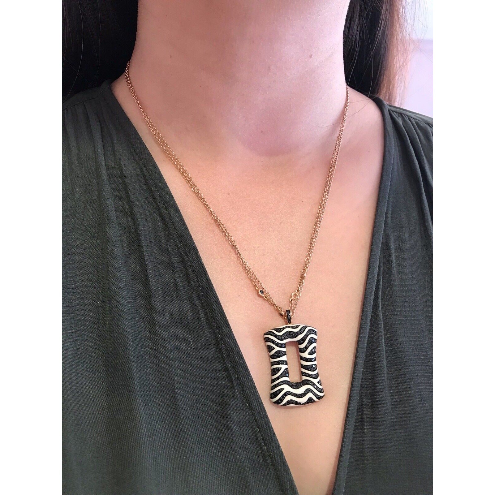 Black Diamond and White Enamel Zebra Pendant Necklace in 18k Rose Gold