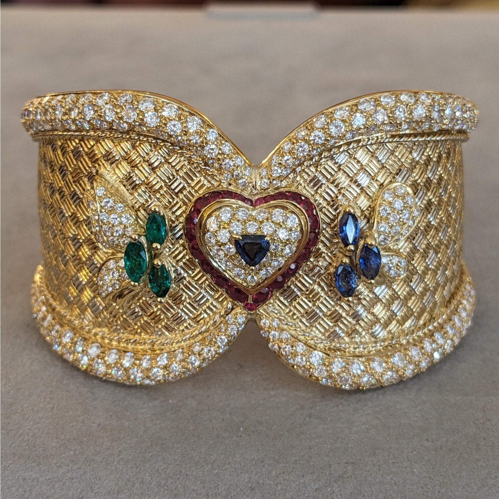 Ruby, Emerald, Sapphire and Diamond Cuff Bracelet in 18k Gold
