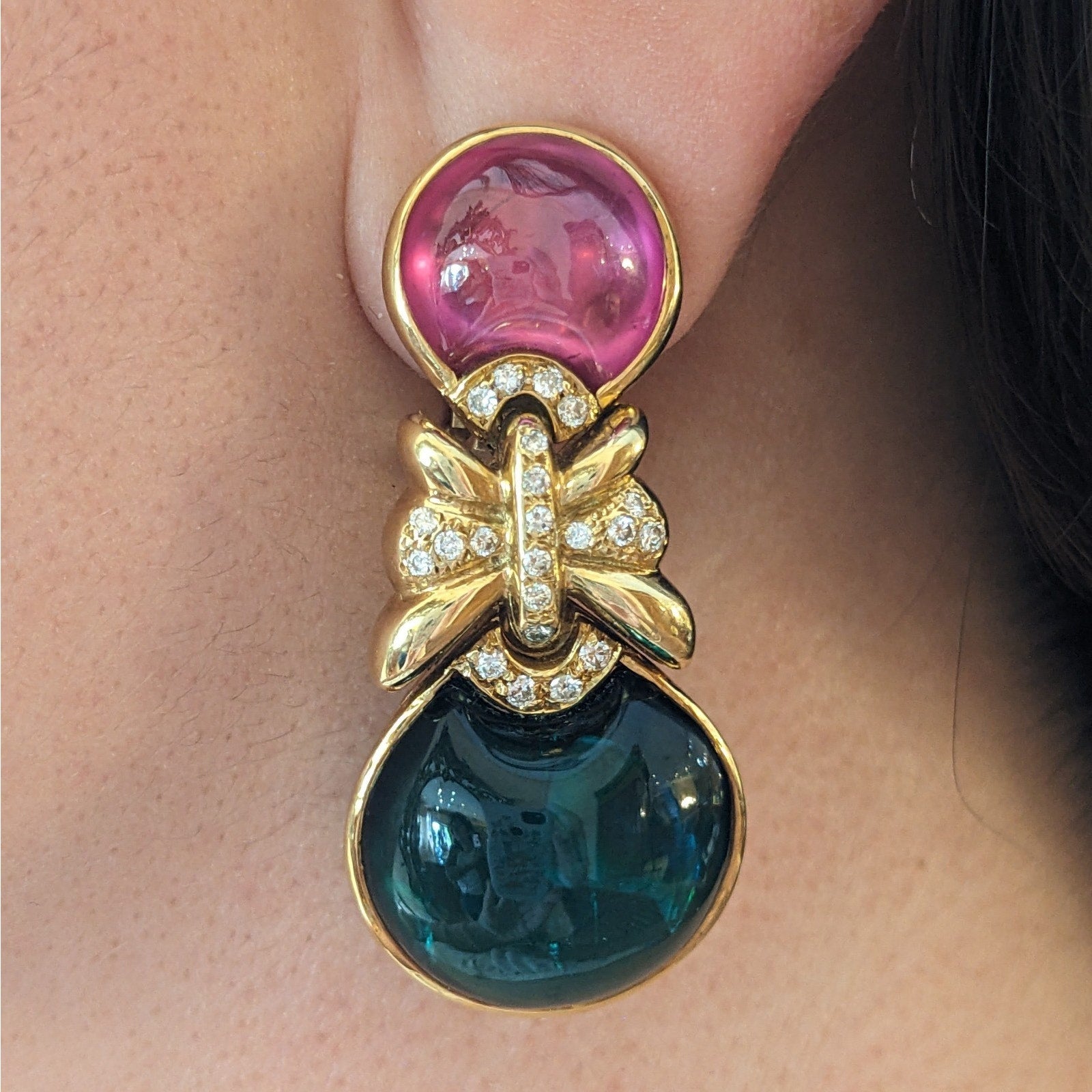 Pink Sapphire, Green Tourmaline & Diamond Drop Earrings in 18k Gold