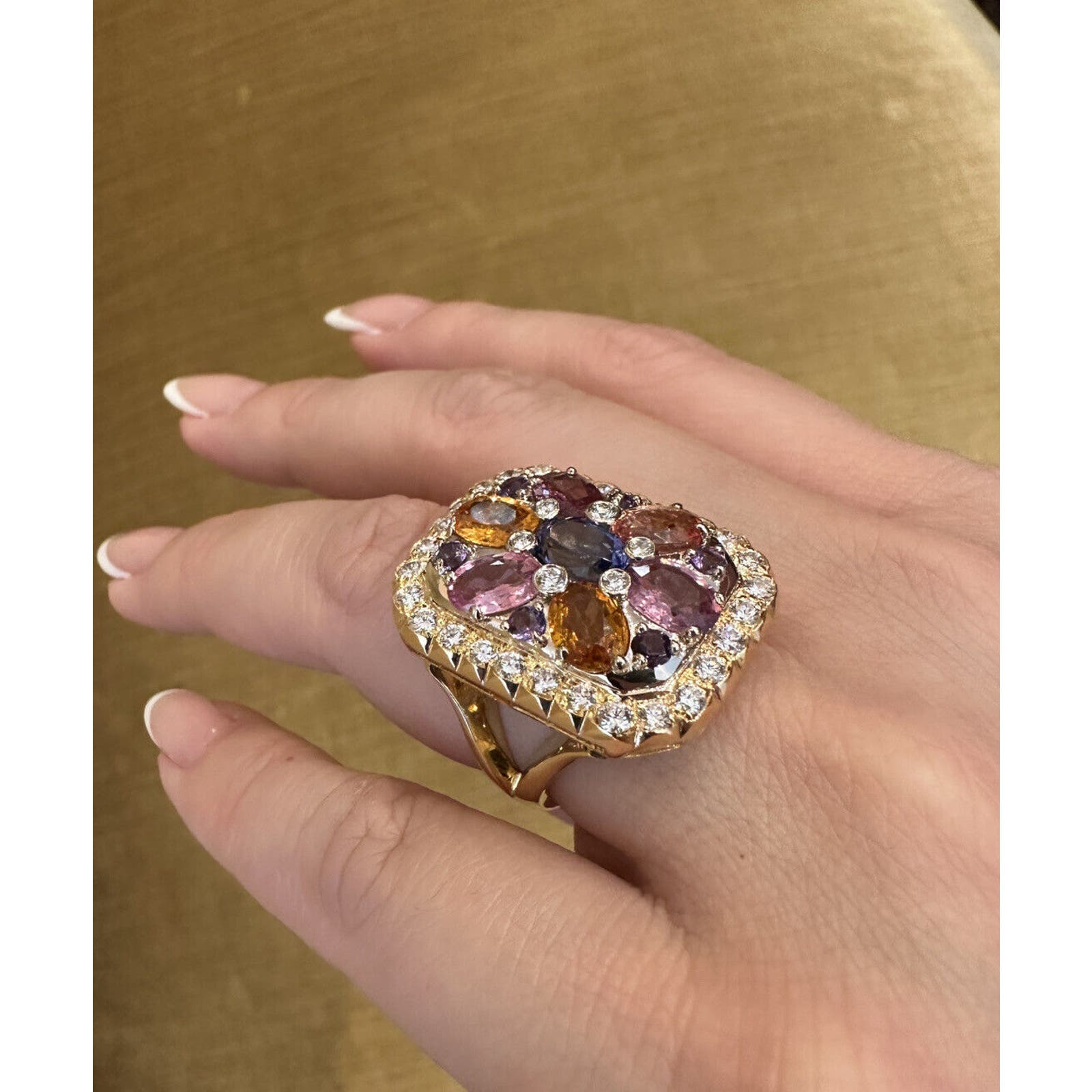 Multicolor Sapphire & Diamond Large Cocktail Ring in 18k Yellow Gold - HM2516BE