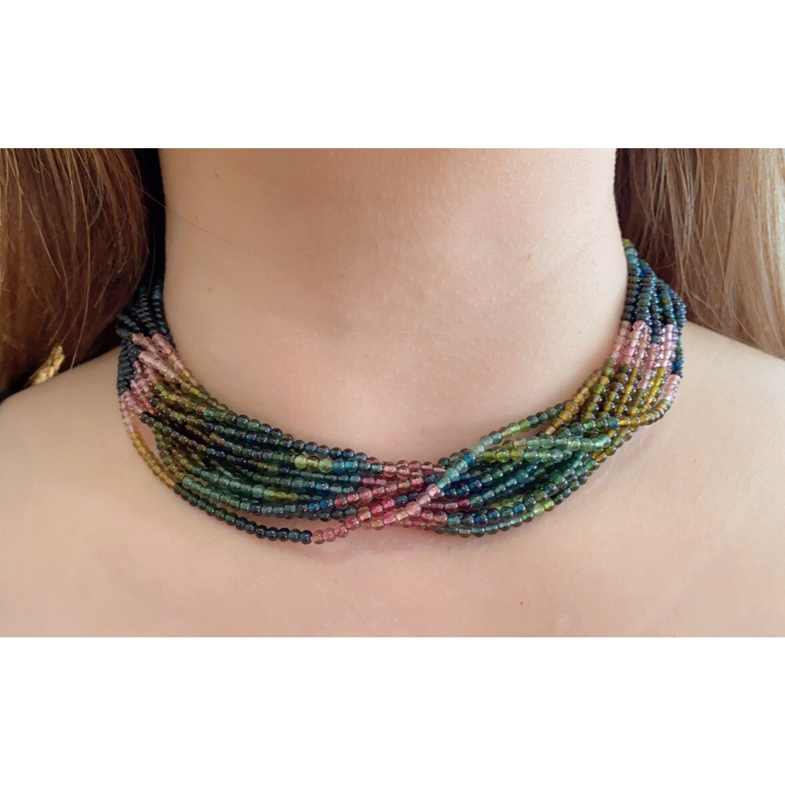Multi-Strand Tourmaline Bead Necklace Detachable Tassel 18k Yellow Gold