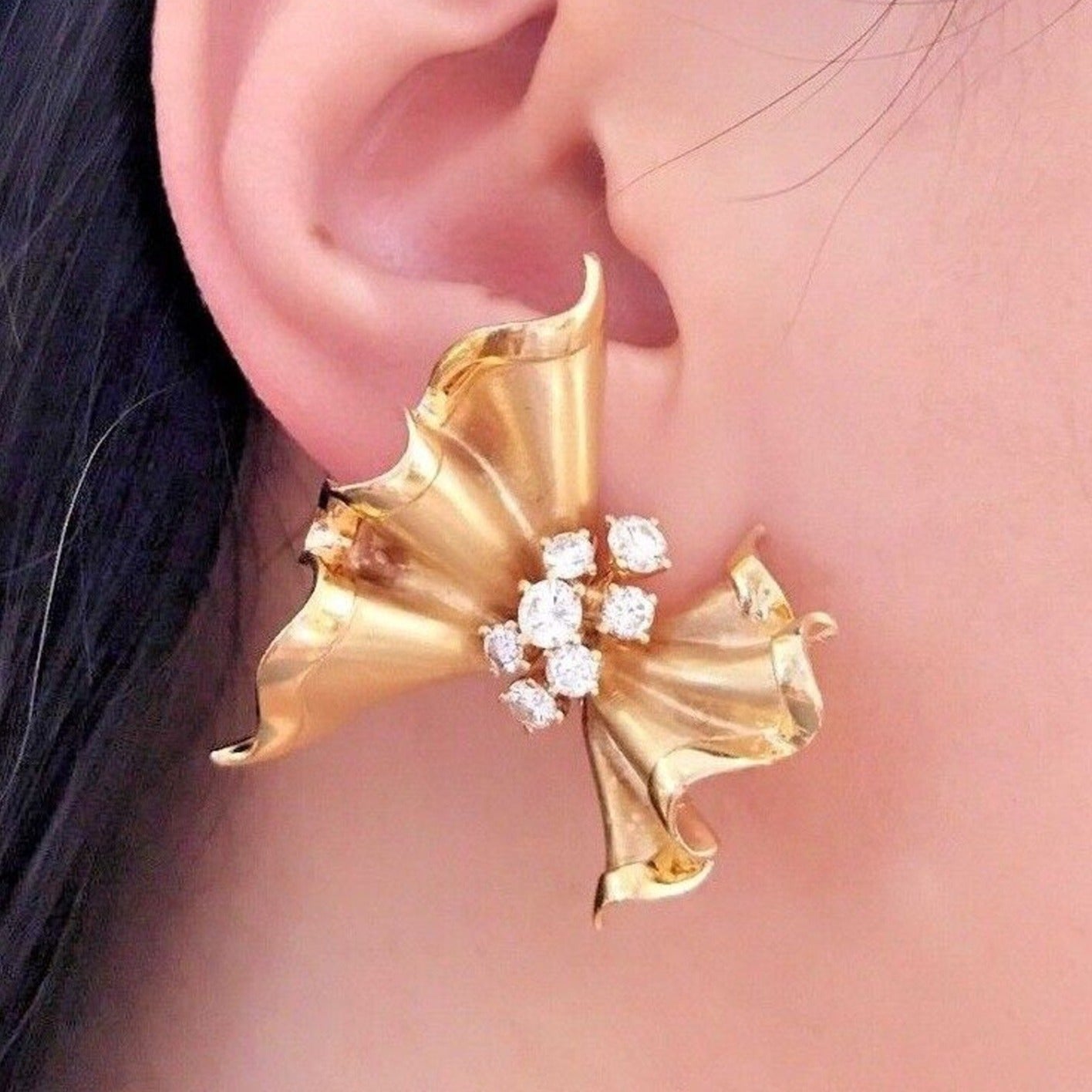 Ruffled Bow Diamond Earrings in 18k Yellow Gold