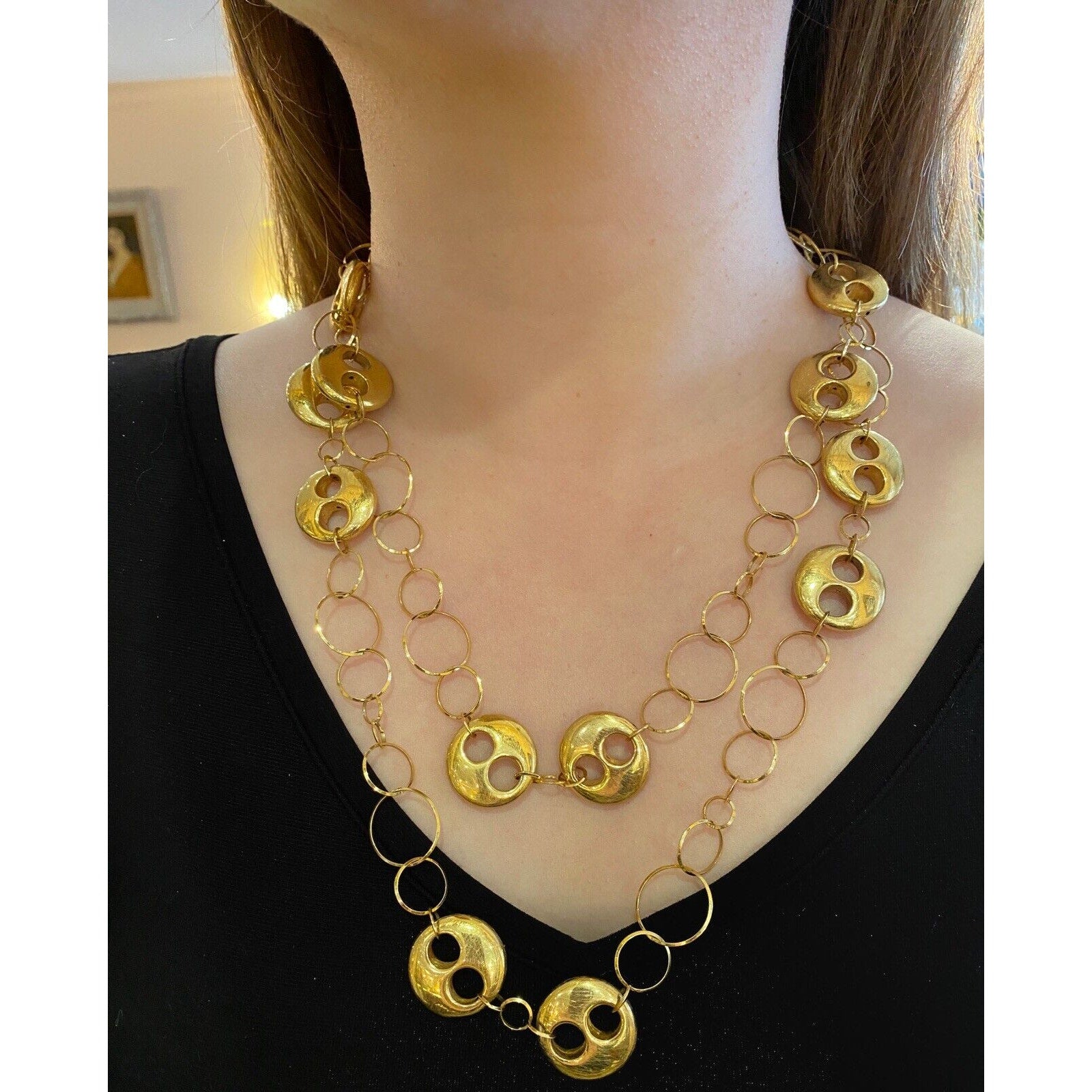 48 inch Long Lightly Textured Round Link Necklace in 18k Yellow Gold