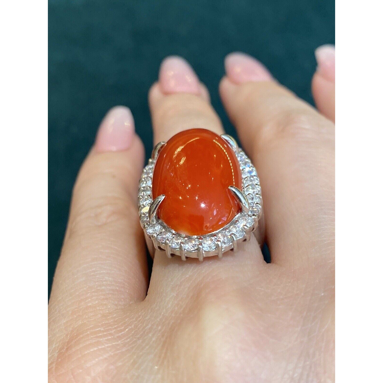 Estate 22.95 cts Red Coral and Diamond Large Cocktail Ring in Platinum