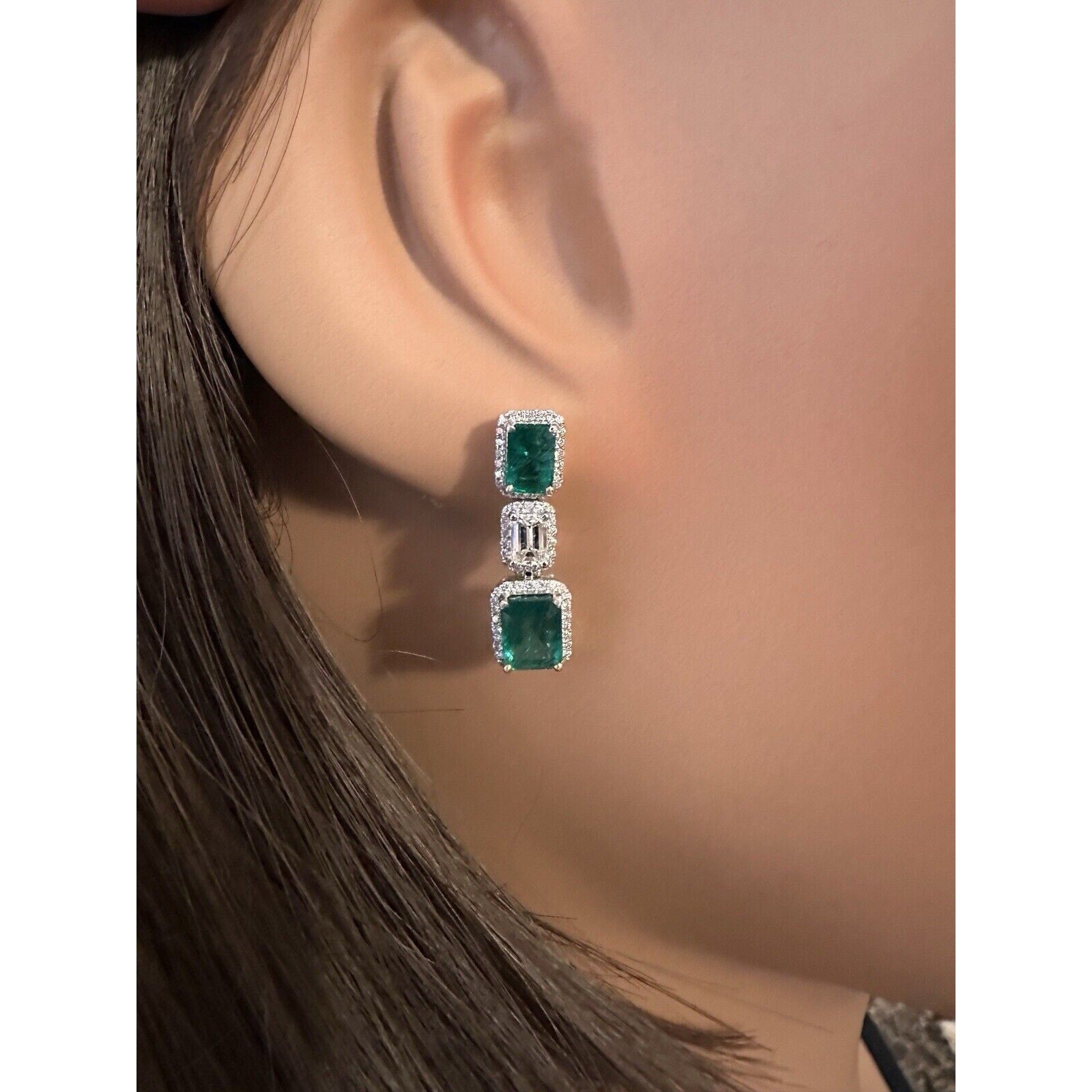 Natural Emerald and Diamond Drop Earrings in 18k White Gold