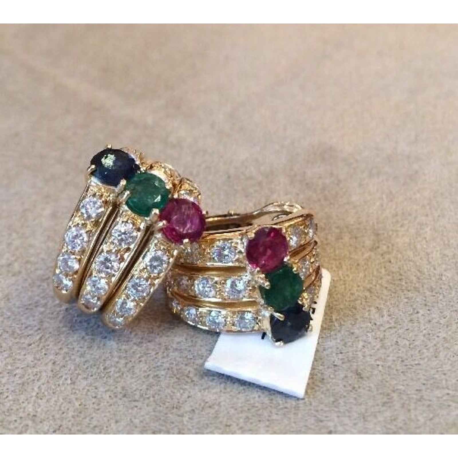 Diamond, Ruby, Emerald, Sapphire Half Hoop Earrings in 18k Yellow Gold