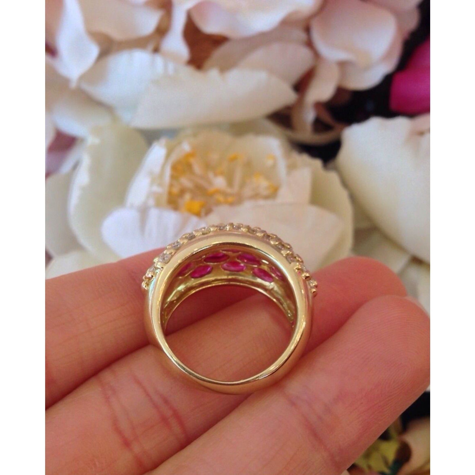 Marquise Ruby and Round Diamond Band Ring in 18K Yellow Gold