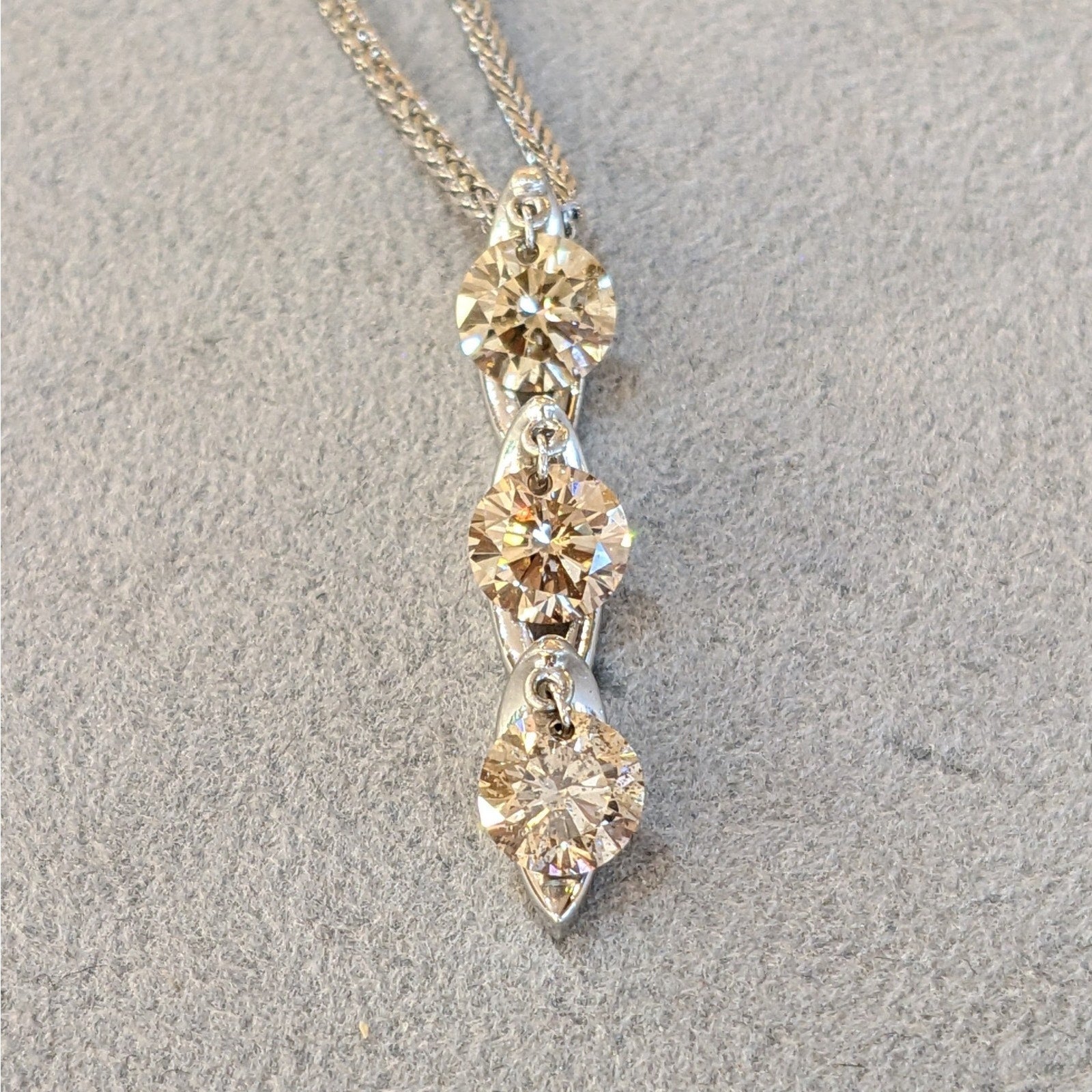 Three Champagne Diamond Drop Pendant Necklace in 18k White Gold