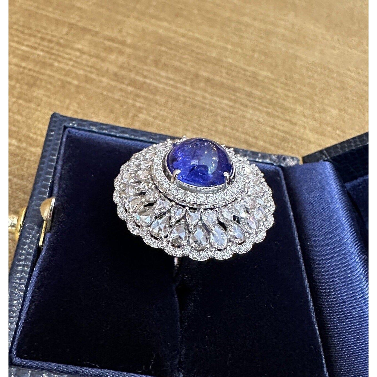 Tanzanite Cabochon and Rosecut Diamond Ring in 18k White Gold