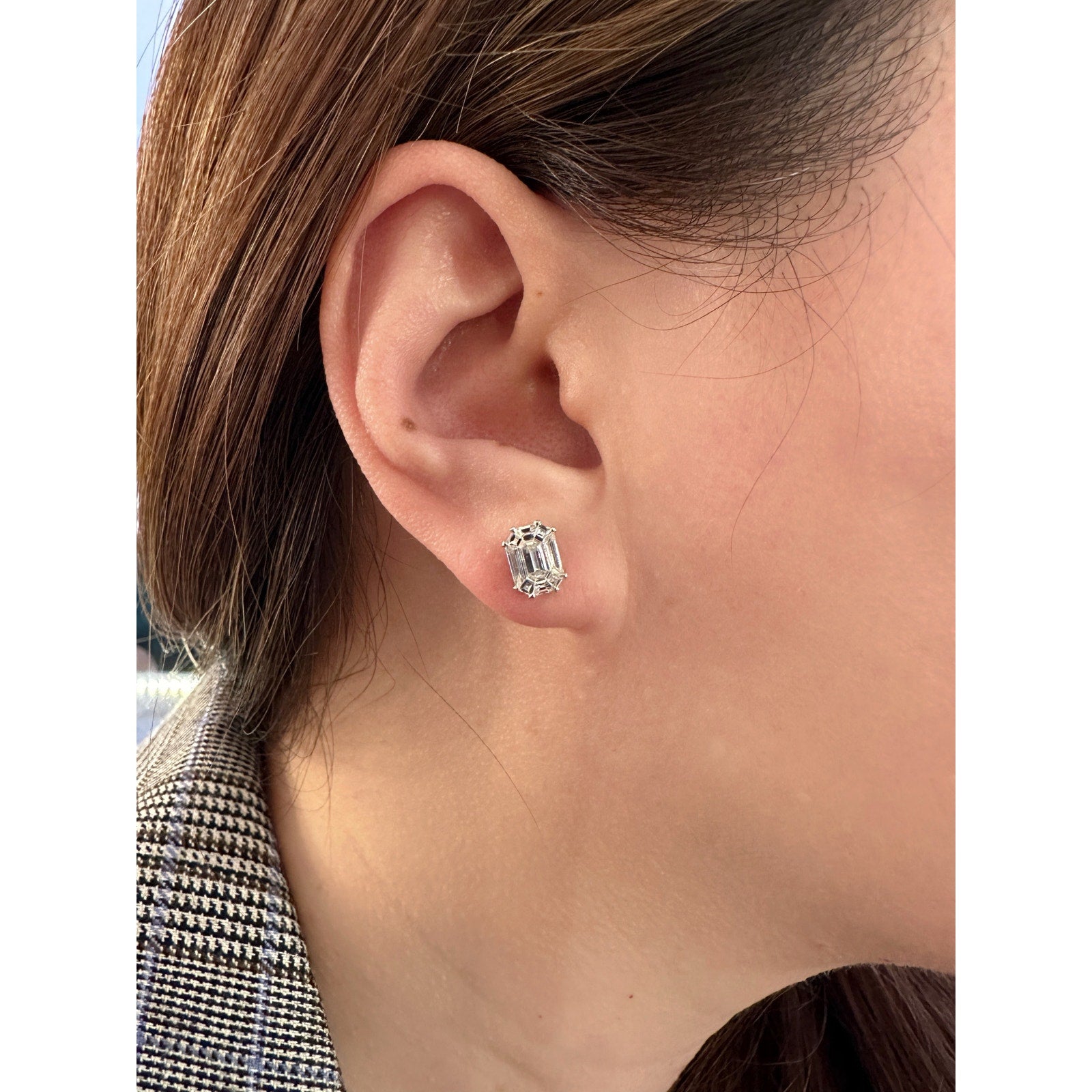 Illusion set Emerald Shape Diamond Stud Earrings in 18k White Gold - HM2624SS