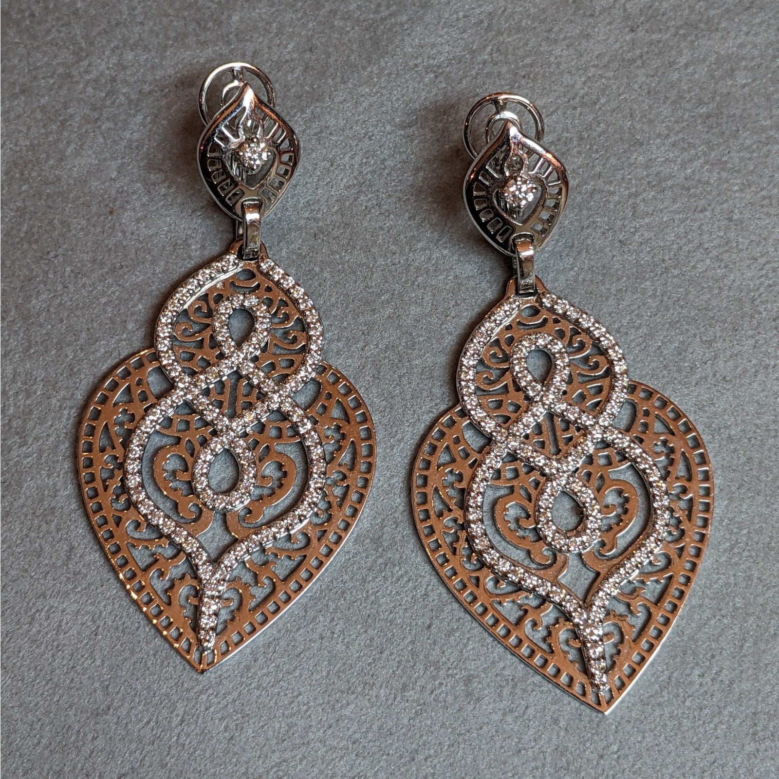 Crivelli Diamond Lace Cut-out Drop Earrings in 18k White Gold
