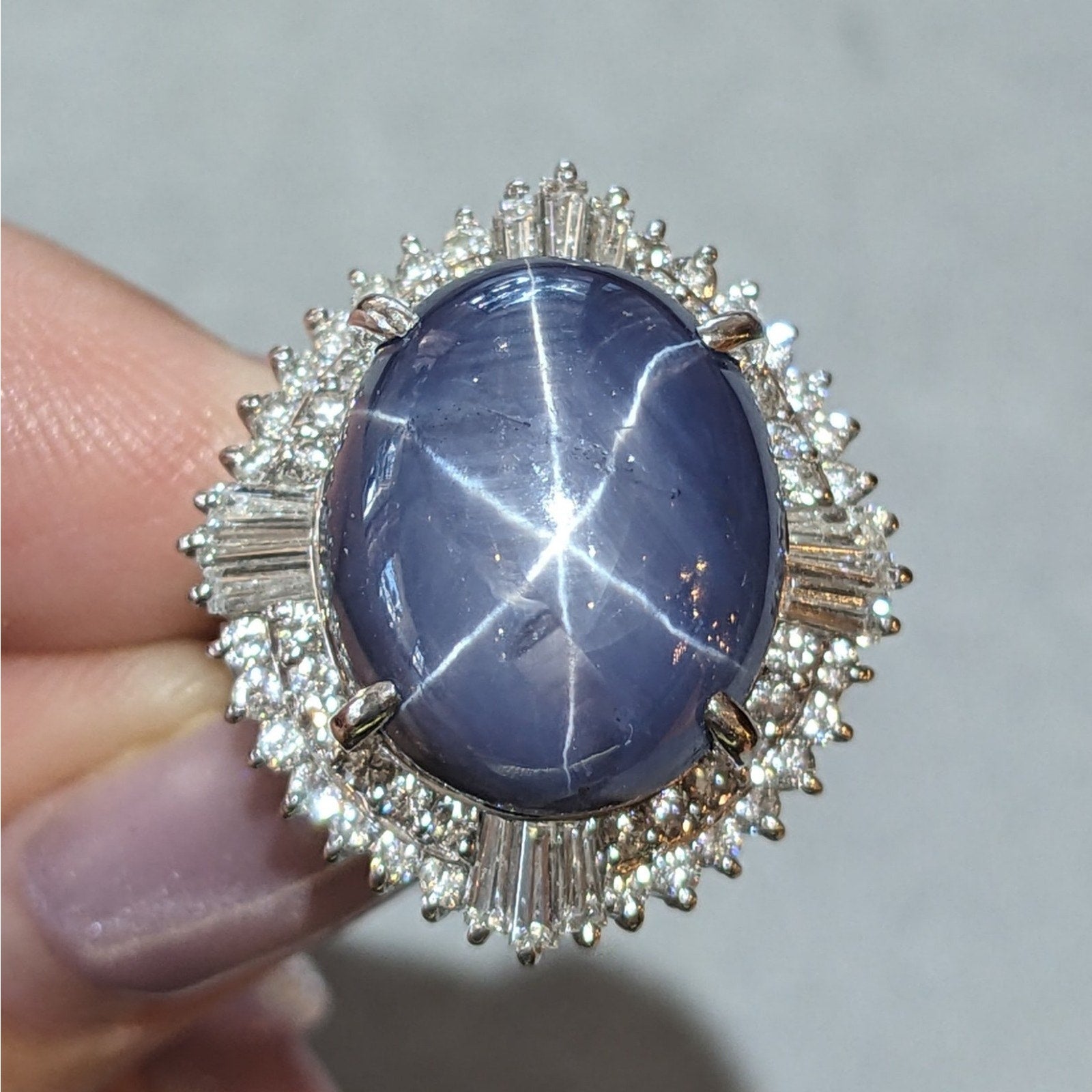 Large 31.52 ct Blue Star Sapphire in Platinum Diamond Ballerina Setting