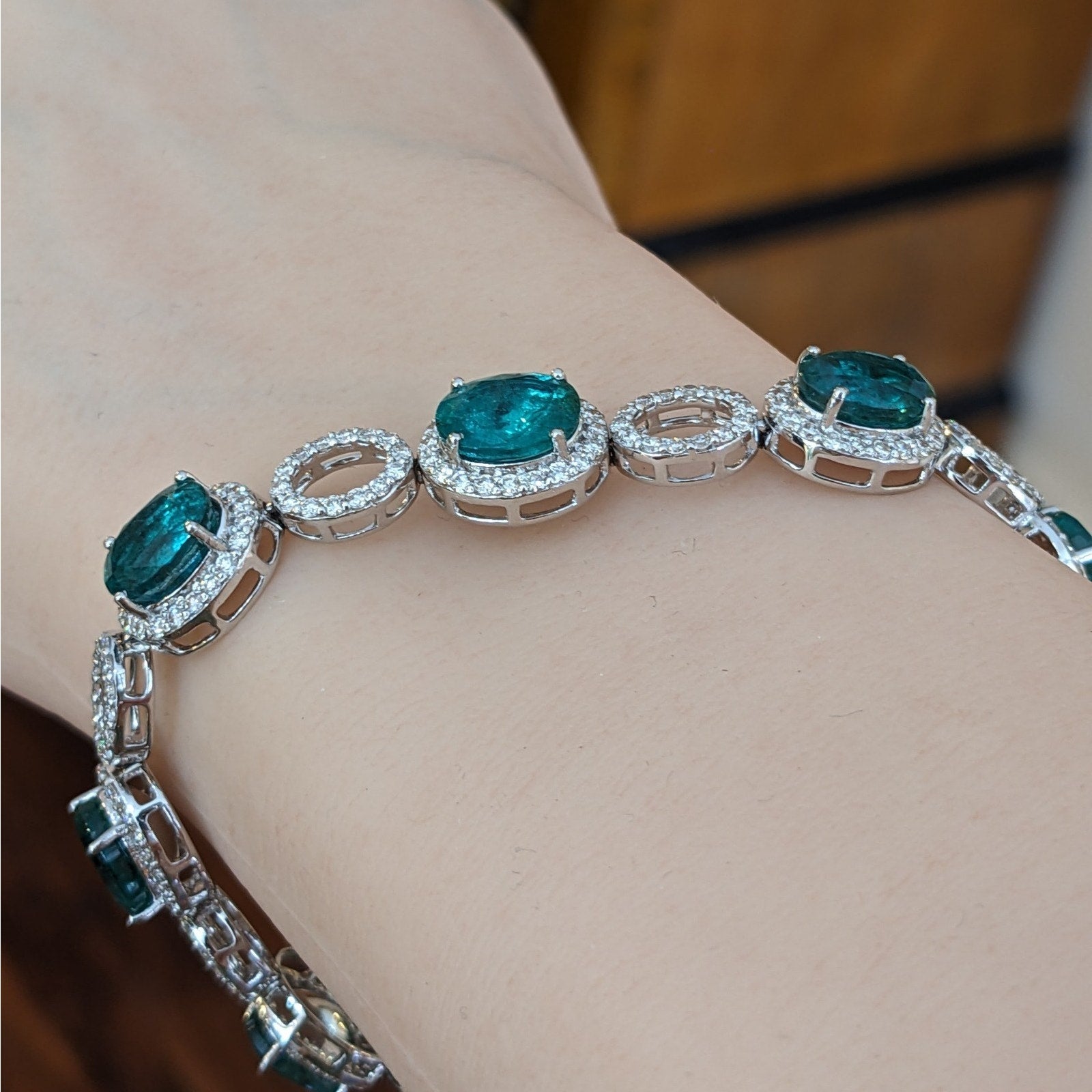 GIA Oval Emerald and Diamond Link Bracelet in 18k White Gold