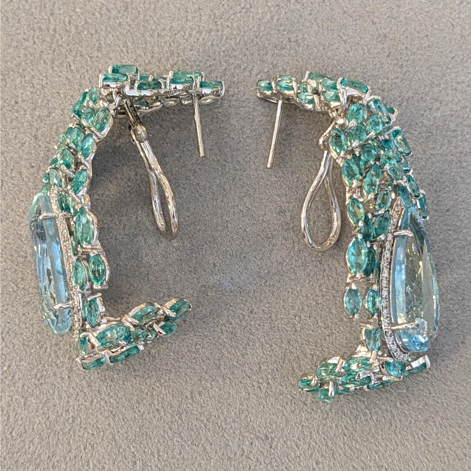 Aquamarine, Emerald and Diamond Peacock Earrings in 18k White Gold