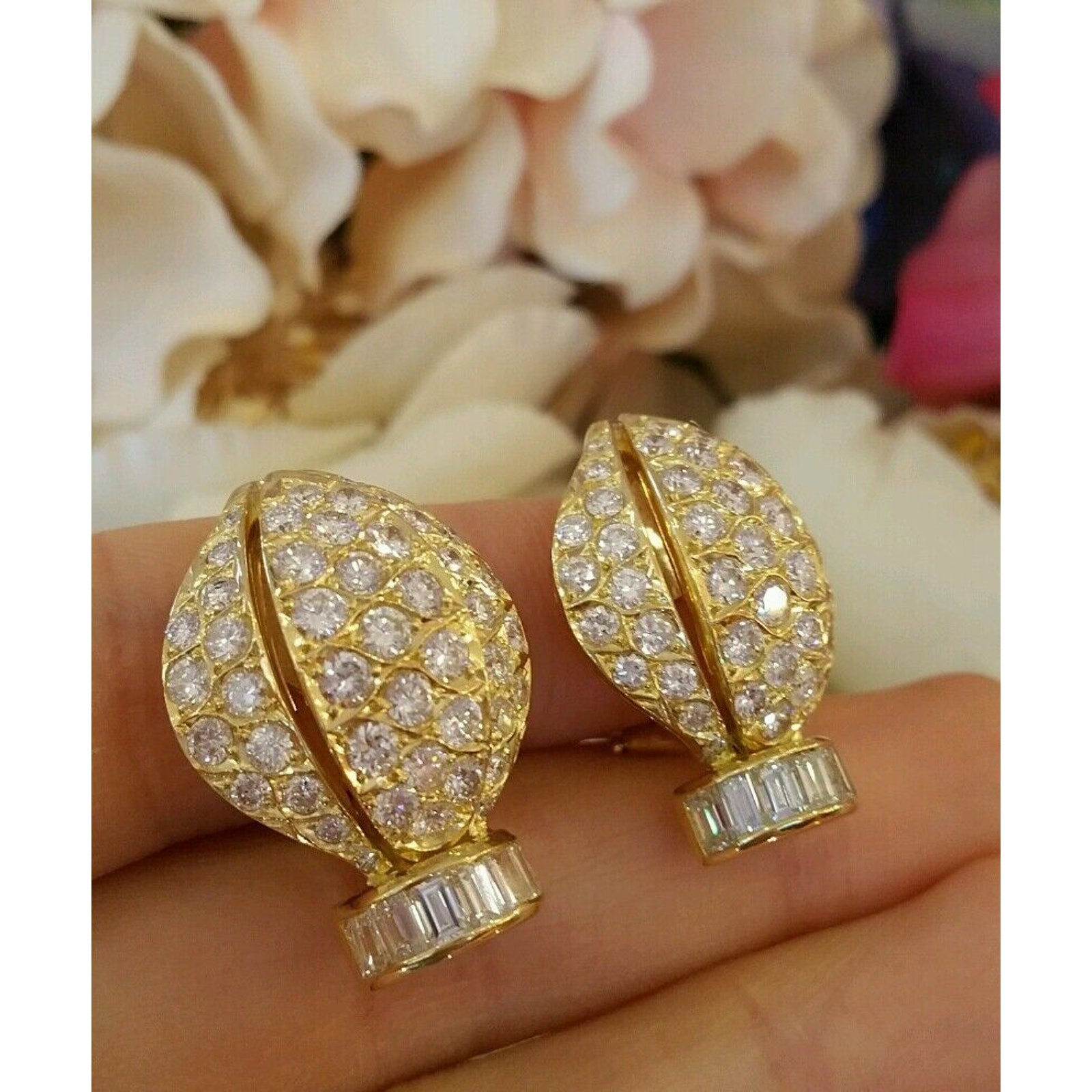 8.00 carat Pave Diamond Earrings with Rounds/Baguettes in 18k Yellow Gold