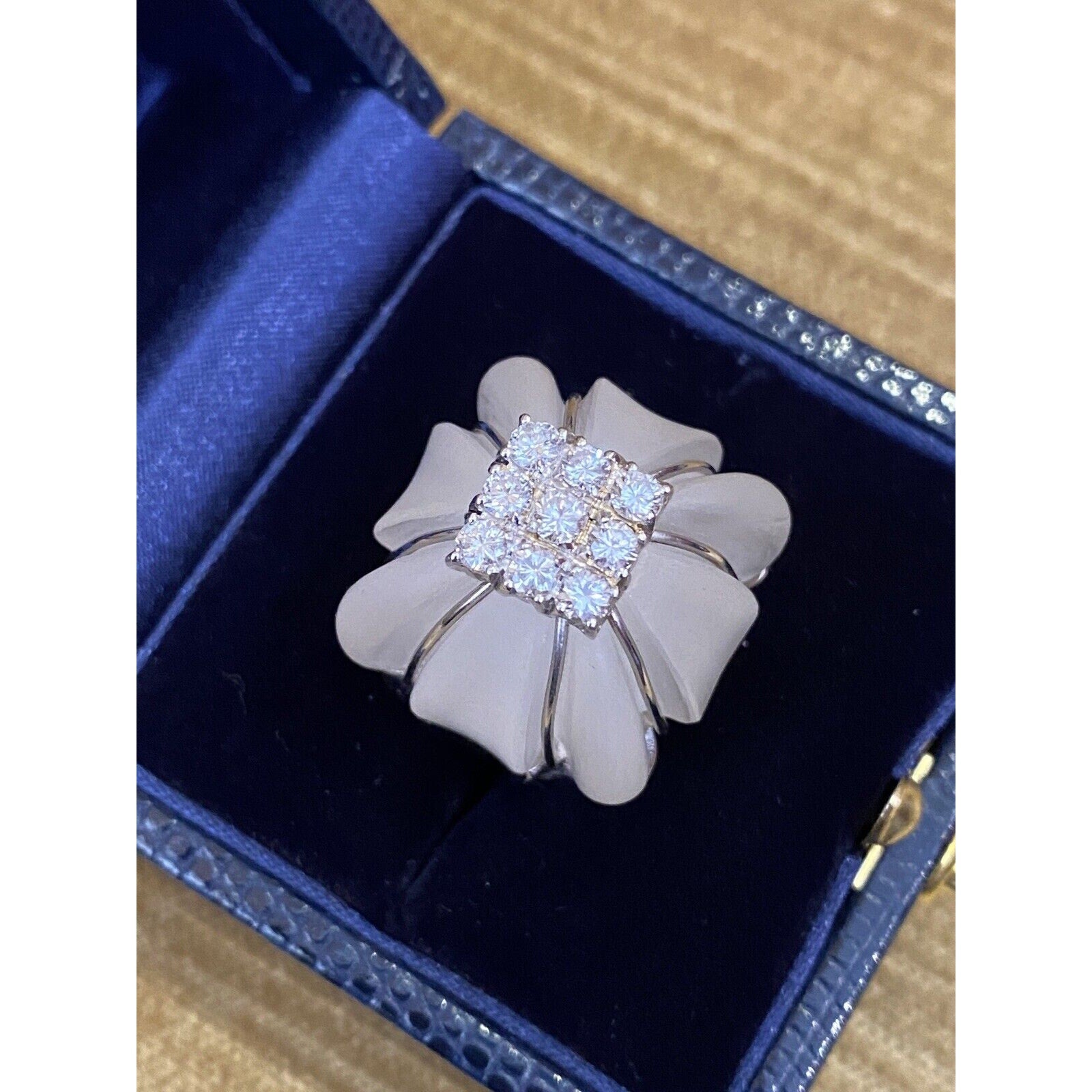Large Carved Rock Crystal & Diamond Cocktail Ring in 18k White Gold